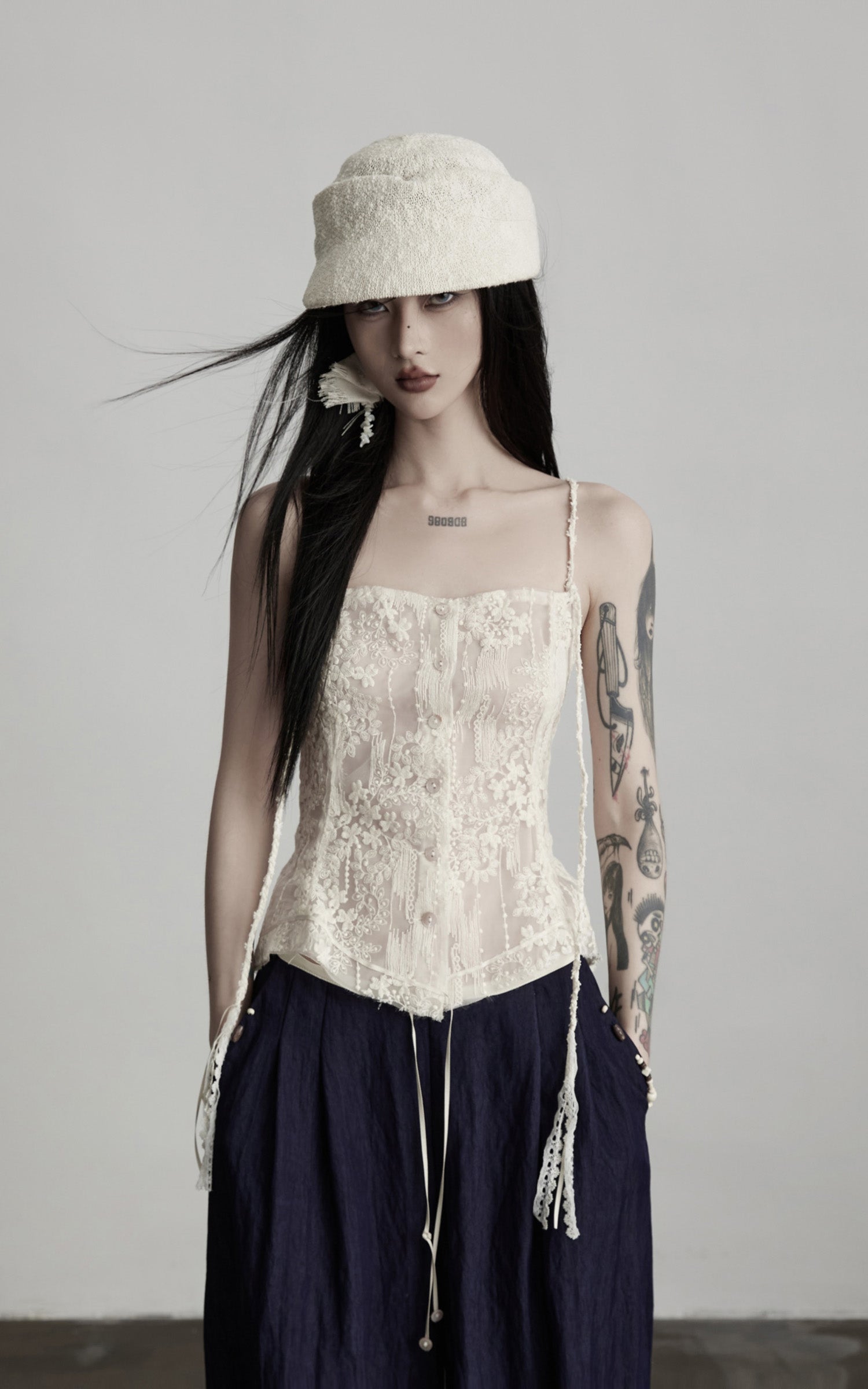 INDULGE Sheer Lace Camisole with Button and Strap Detail