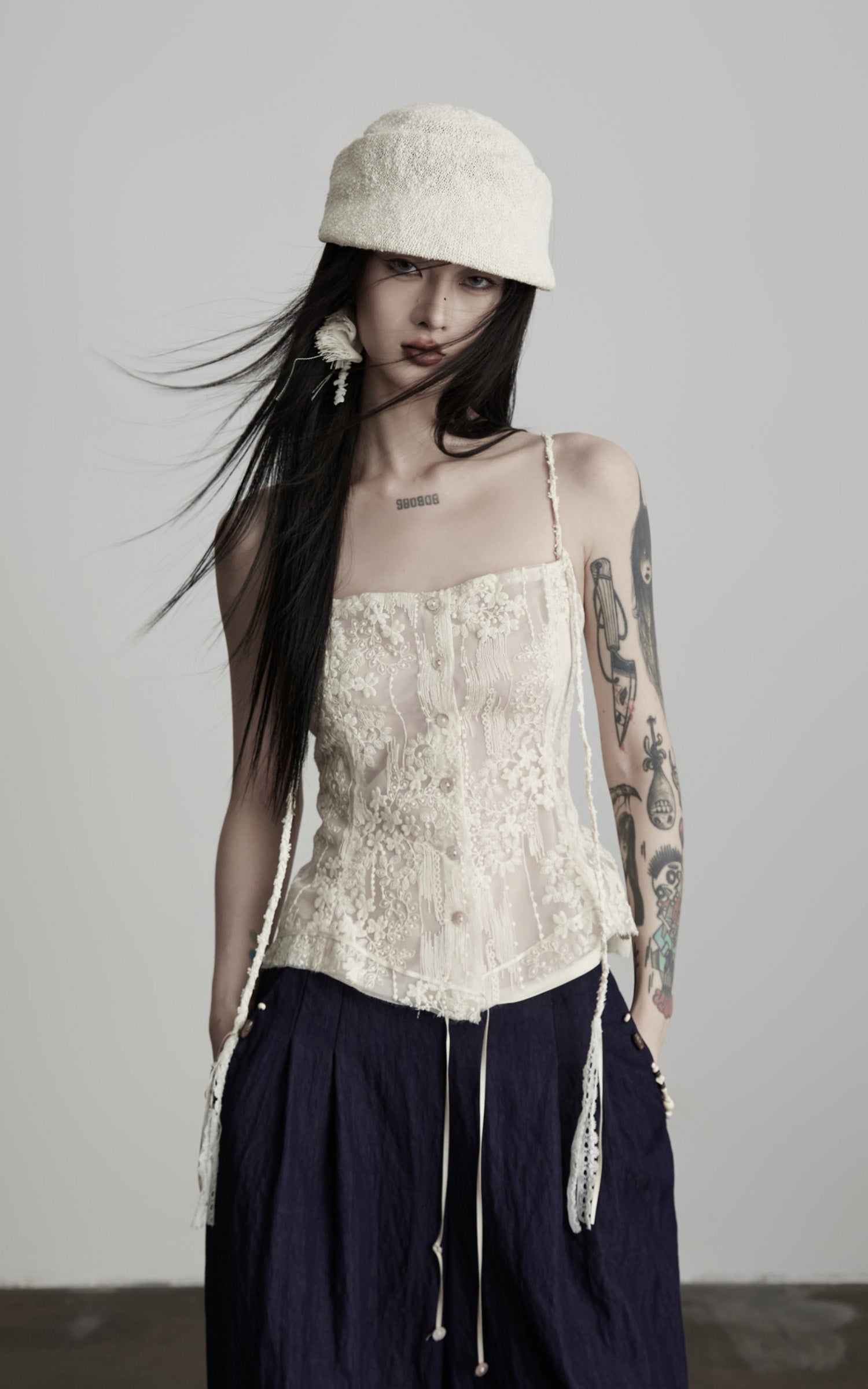 INDULGE Sheer Lace Camisole with Button and Strap Detail