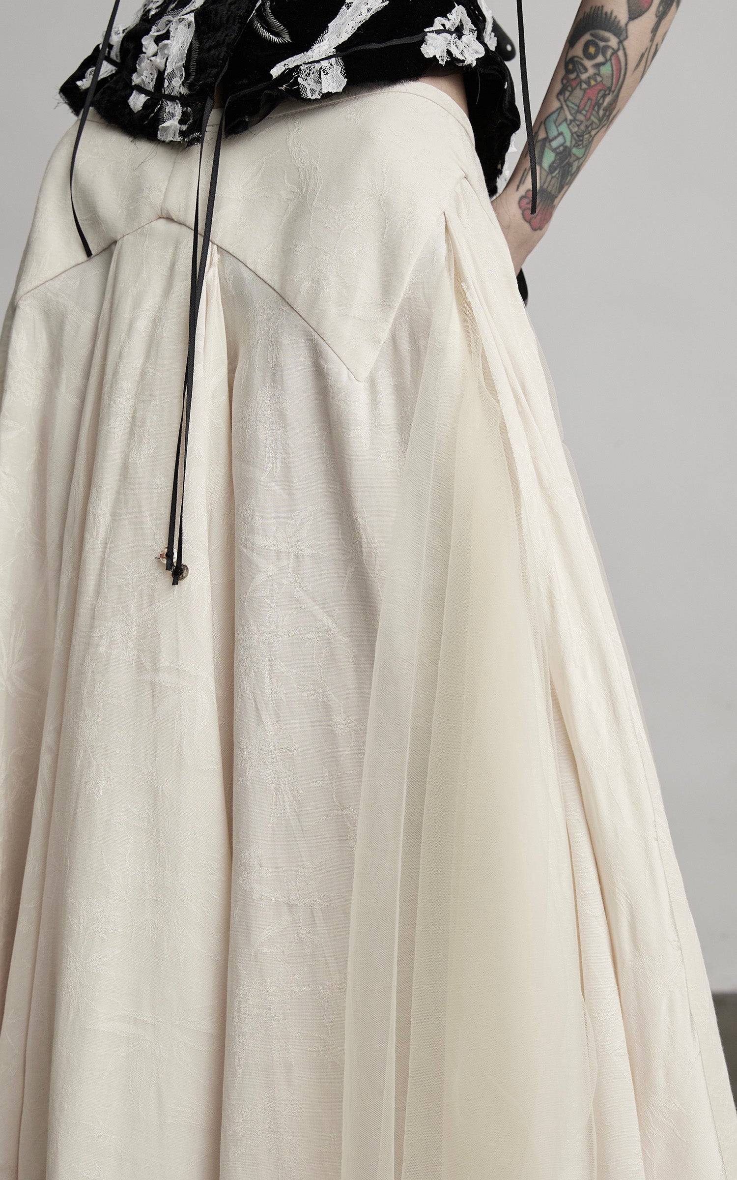 INDULGE Deconstructed Draped Jacquard Midi Skirt with Tulle Layering