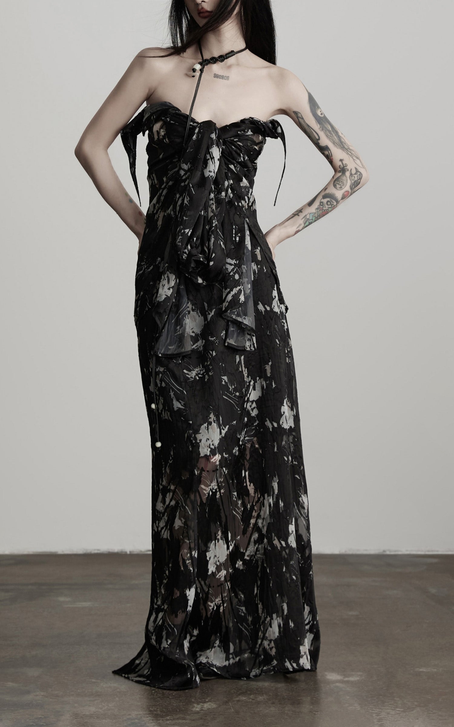 INDULGE Sheer Texture Shirt and Long Skirt Set with Abstract Shadow Print