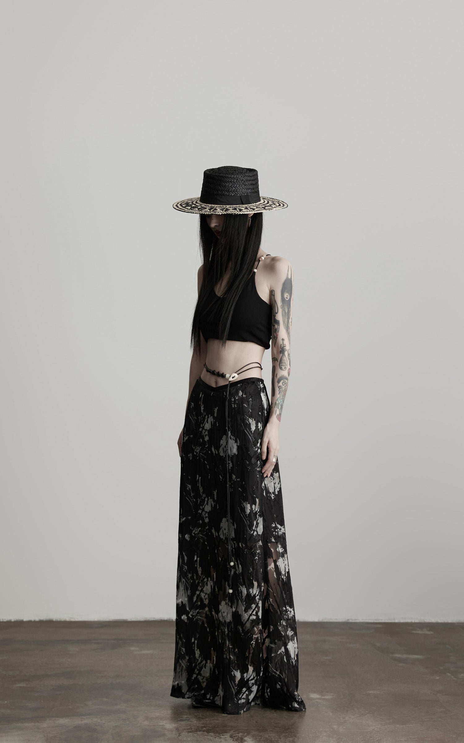 INDULGE Sheer Texture Shirt and Long Skirt Set with Abstract Shadow Print