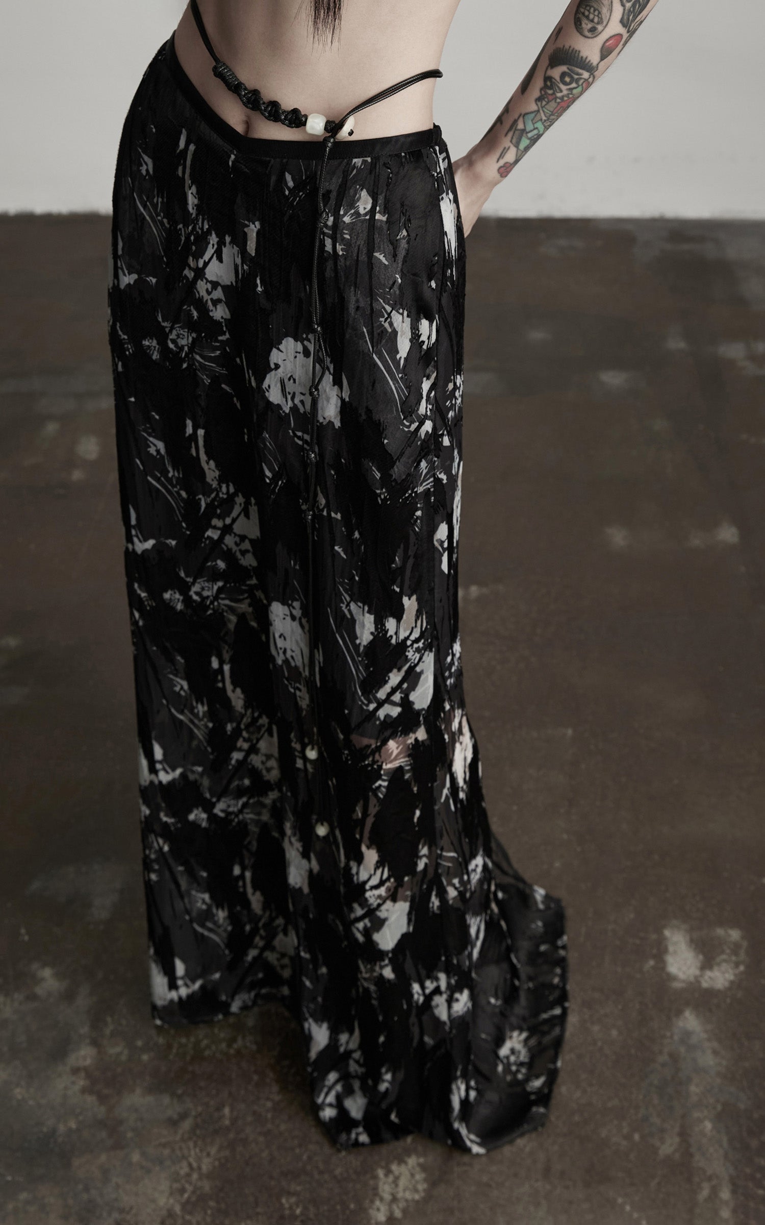 INDULGE Sheer Texture Shirt and Long Skirt Set with Abstract Shadow Print