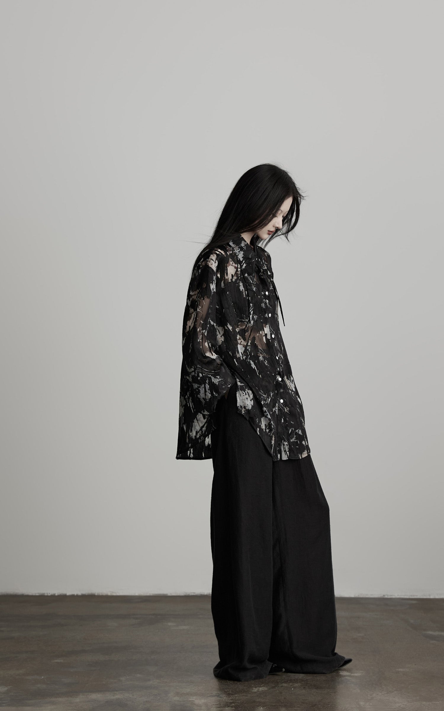 INDULGE Sheer Texture Shirt and Long Skirt Set with Abstract Shadow Print