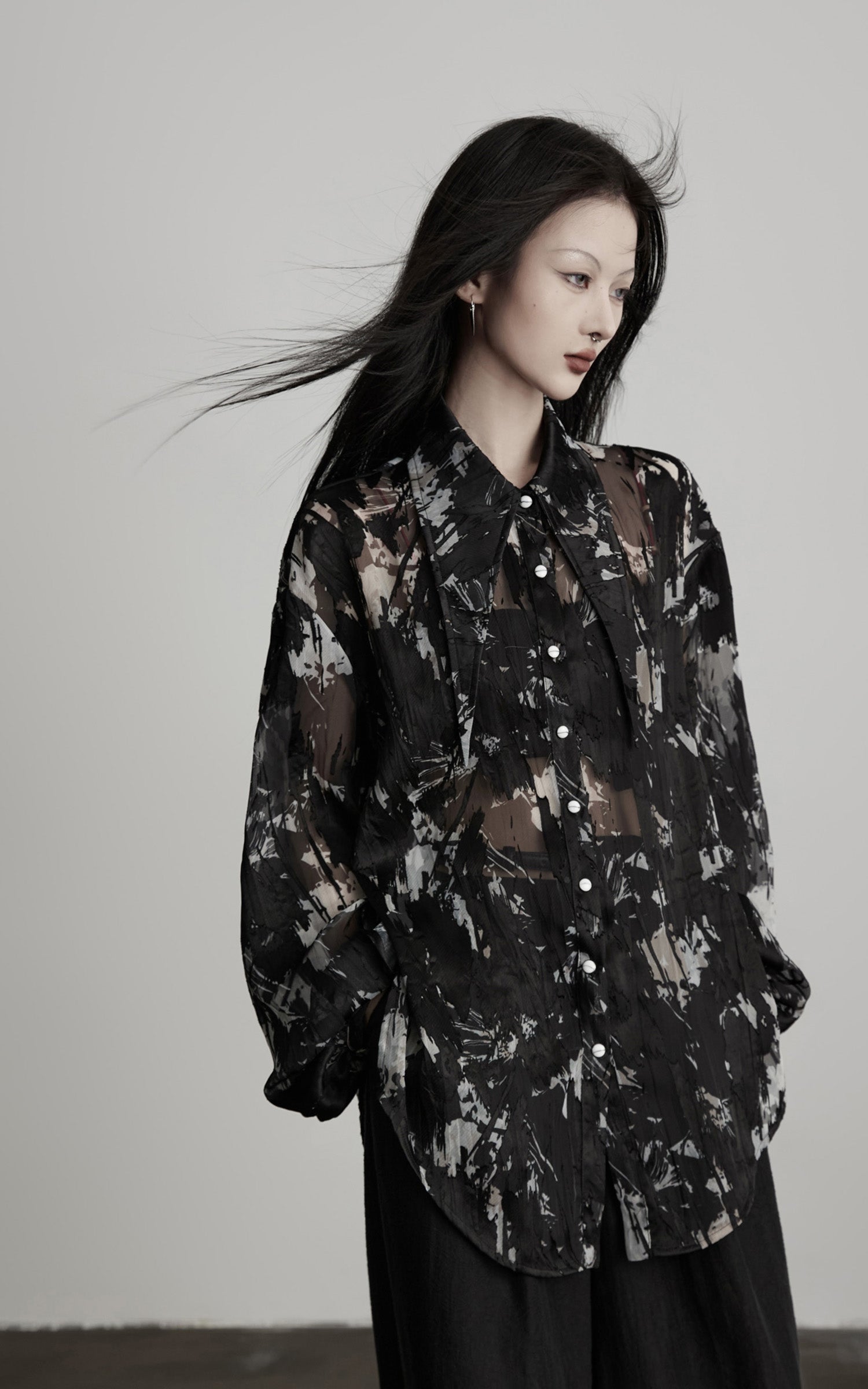 INDULGE Sheer Texture Shirt and Long Skirt Set with Abstract Shadow Print