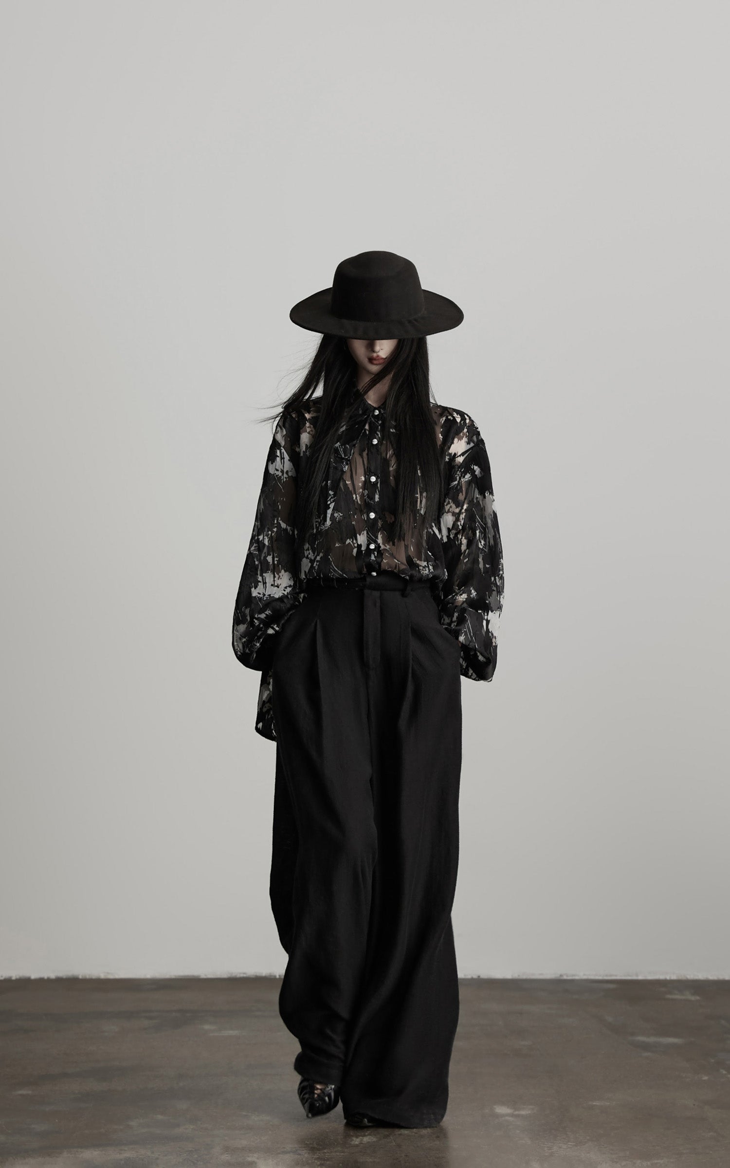 INDULGE Sheer Texture Shirt and Long Skirt Set with Abstract Shadow Print