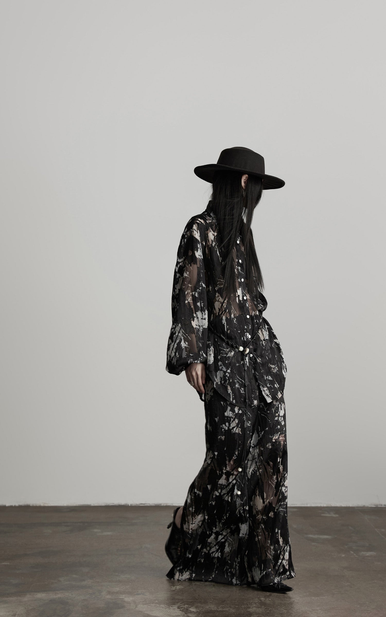 INDULGE Sheer Texture Shirt and Long Skirt Set with Abstract Shadow Print