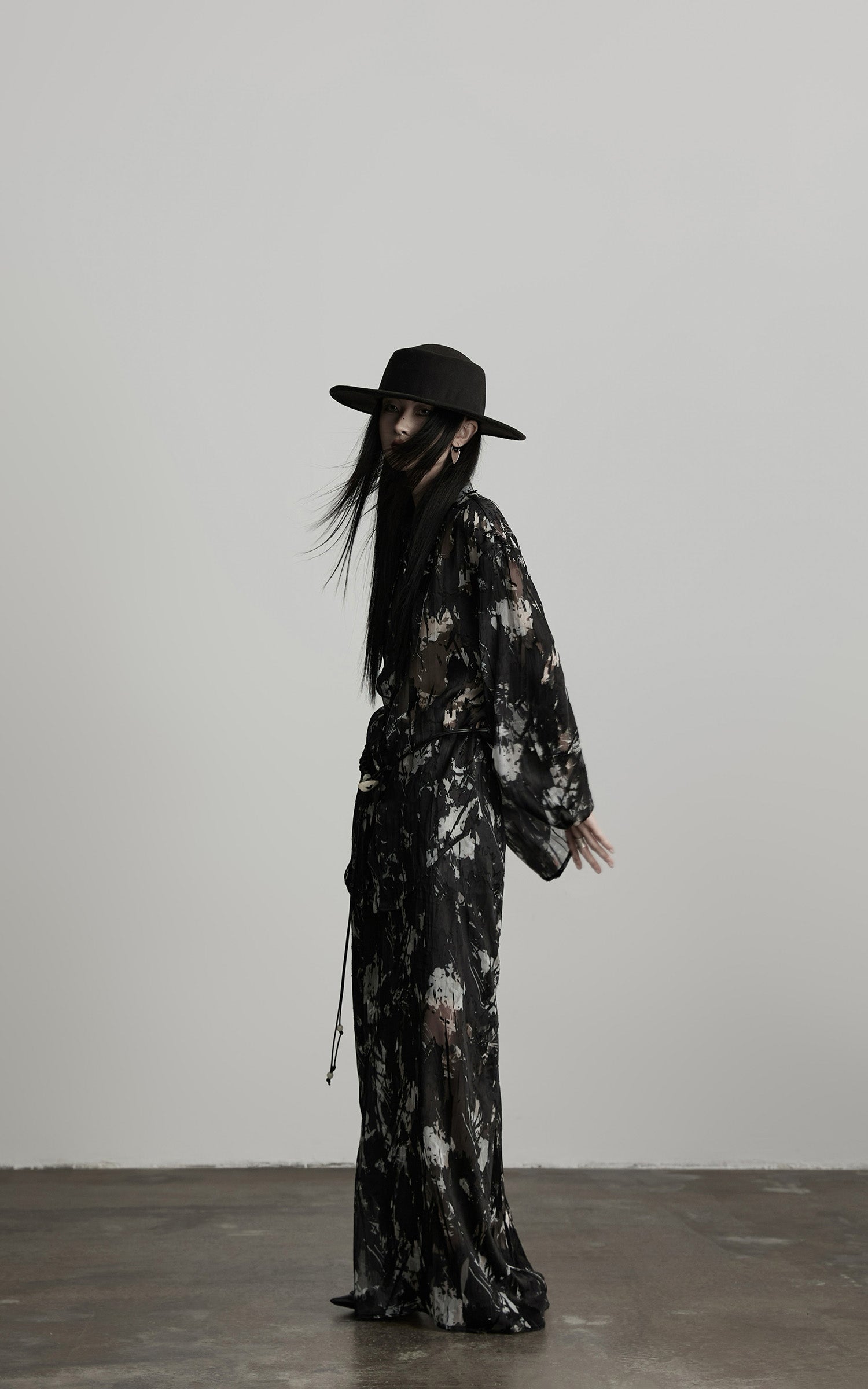 INDULGE Sheer Texture Shirt and Long Skirt Set with Abstract Shadow Print