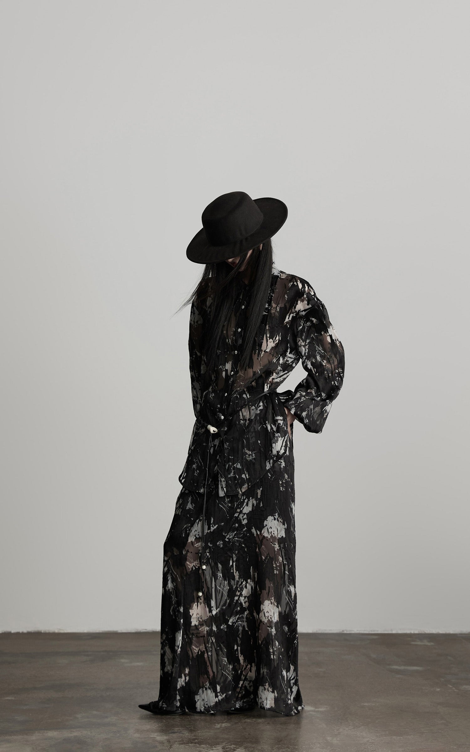 INDULGE Sheer Texture Shirt and Long Skirt Set with Abstract Shadow Print
