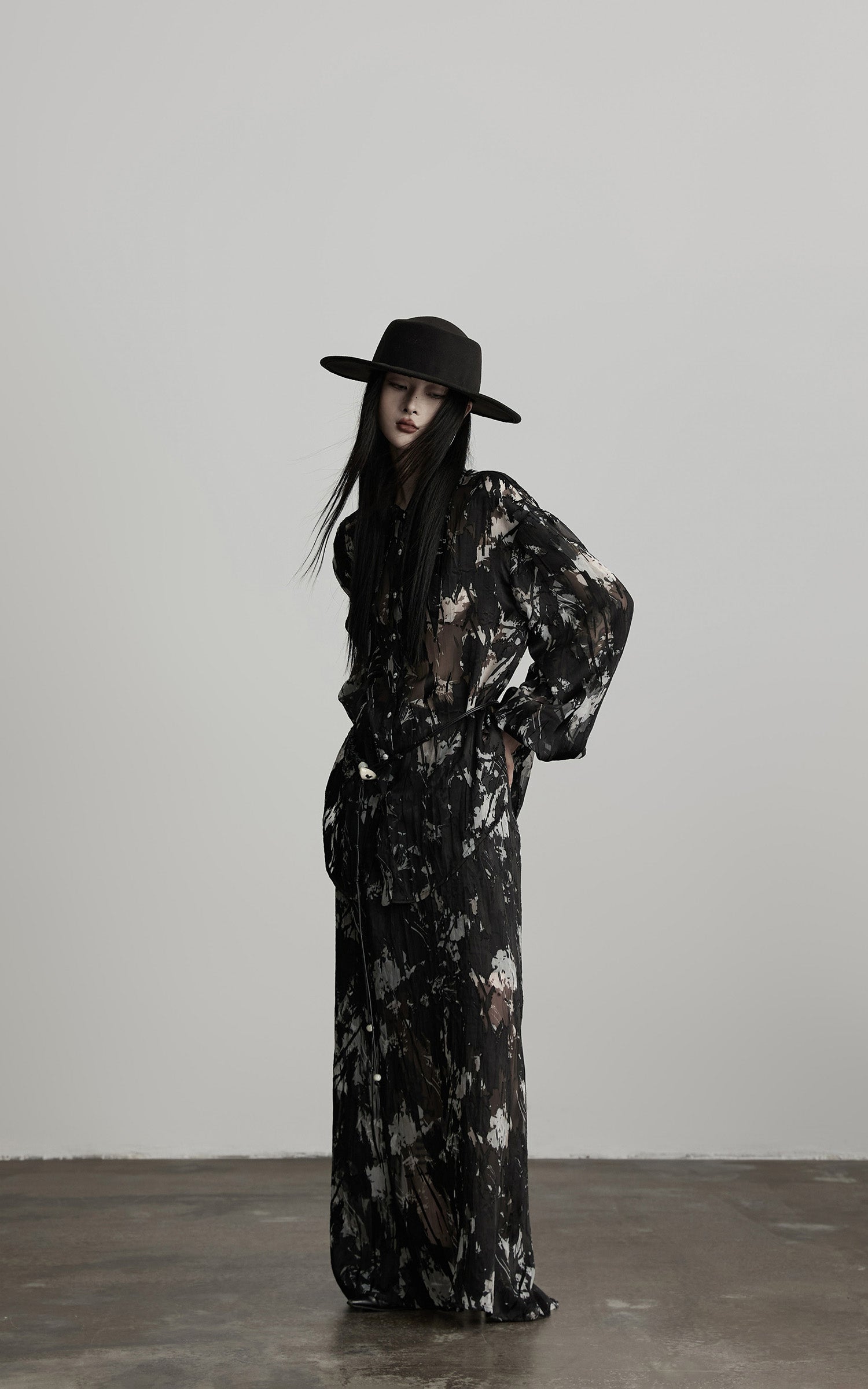 INDULGE Sheer Texture Shirt and Long Skirt Set with Abstract Shadow Print