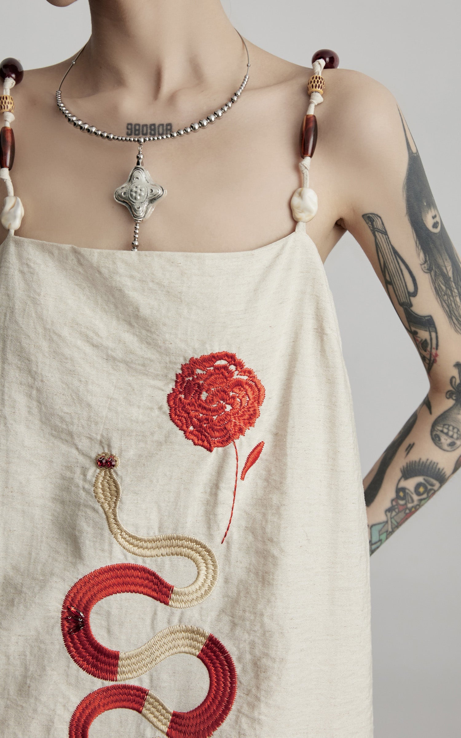 INDULGE Embroidered Snake and Flower Layered Linen Dress