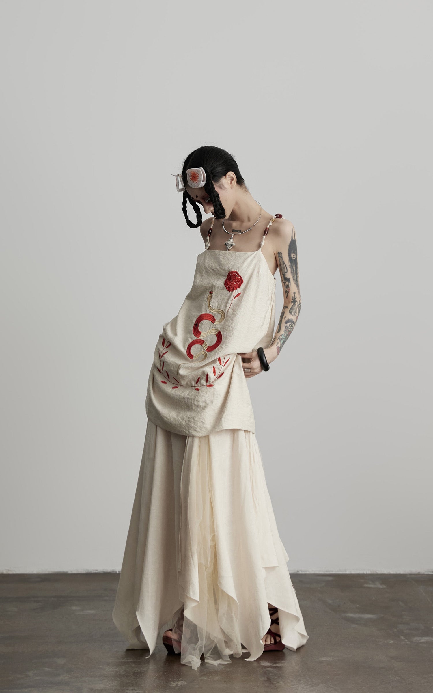 INDULGE Embroidered Snake and Flower Layered Linen Dress