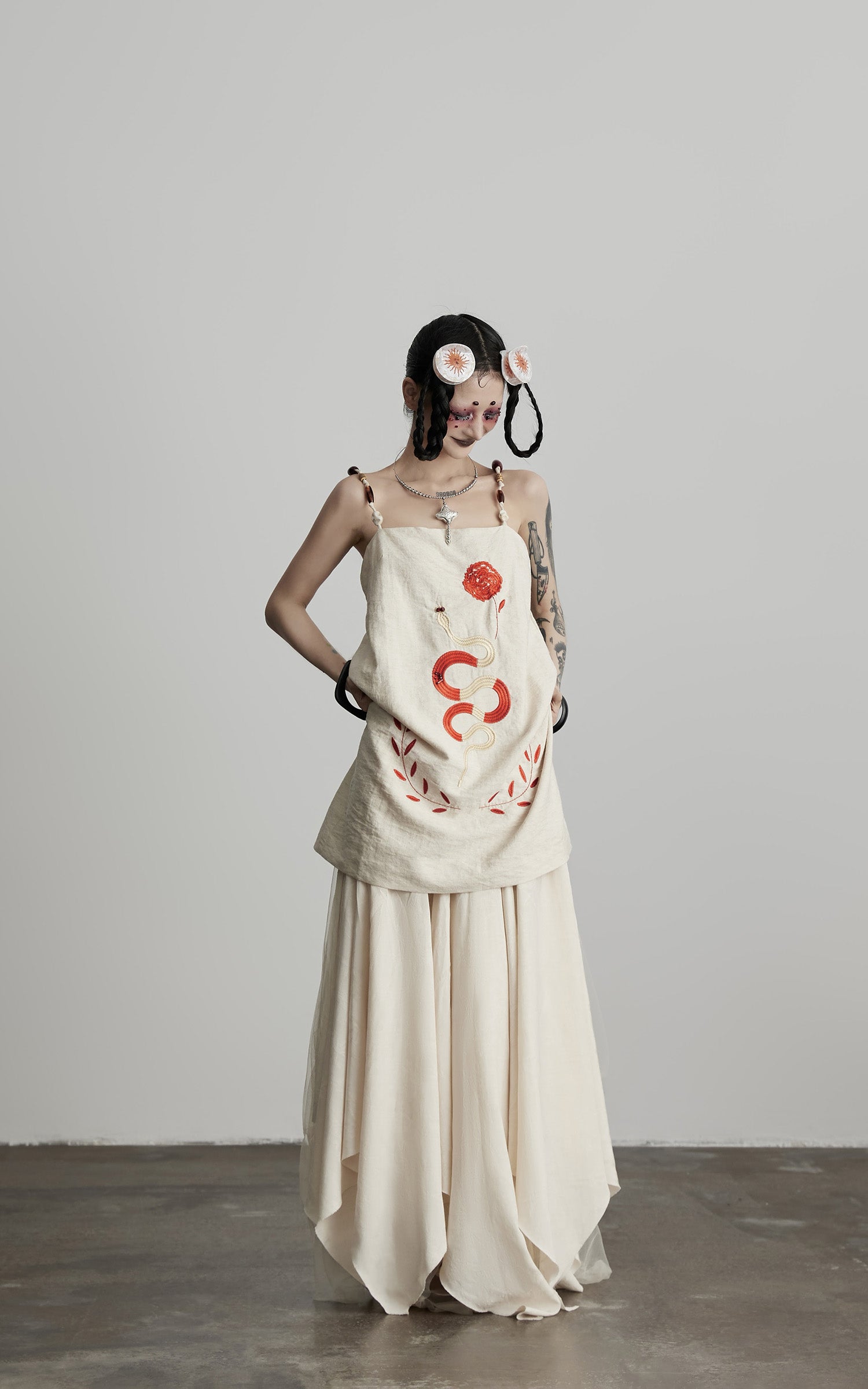 INDULGE Embroidered Snake and Flower Layered Linen Dress