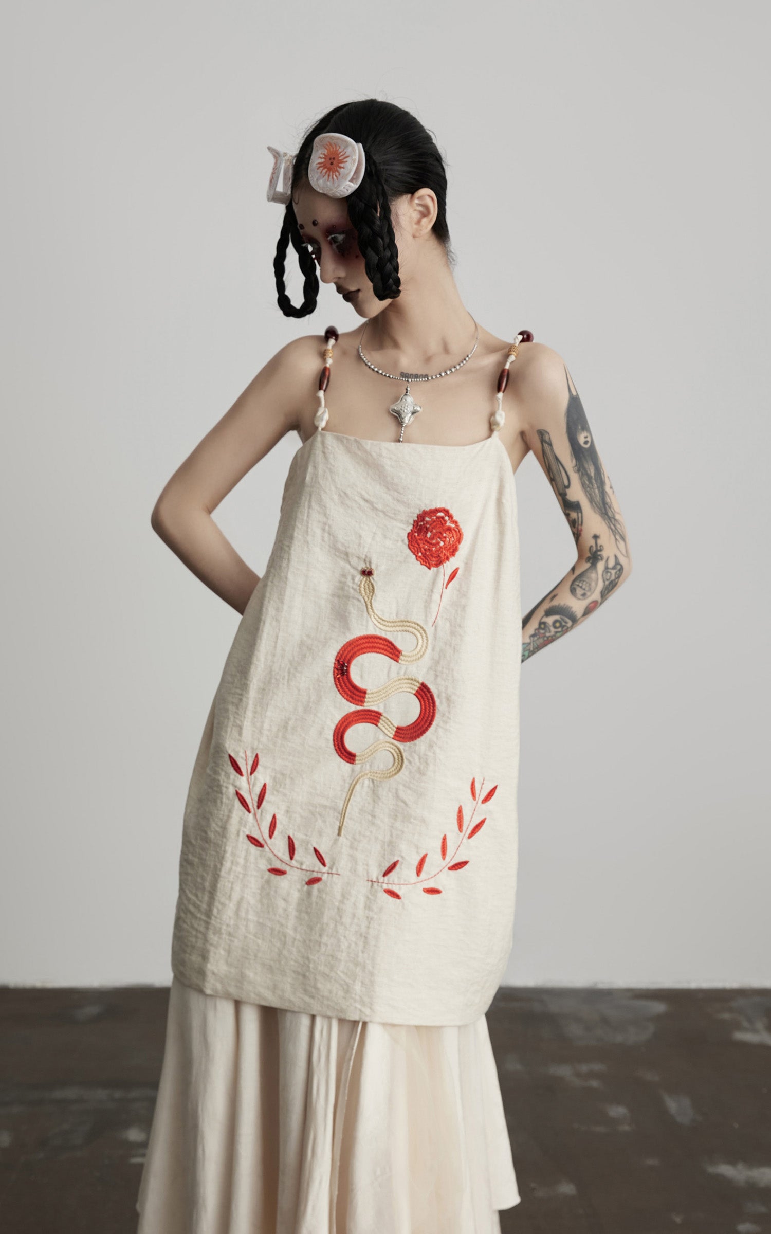 INDULGE Embroidered Snake and Flower Layered Linen Dress