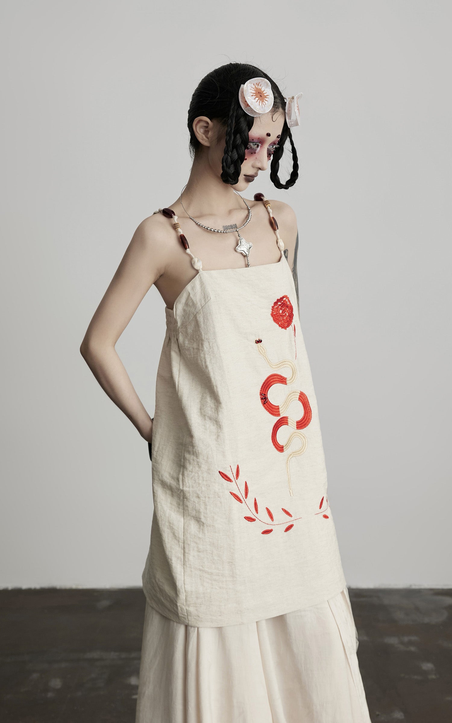 INDULGE Embroidered Snake and Flower Layered Linen Dress