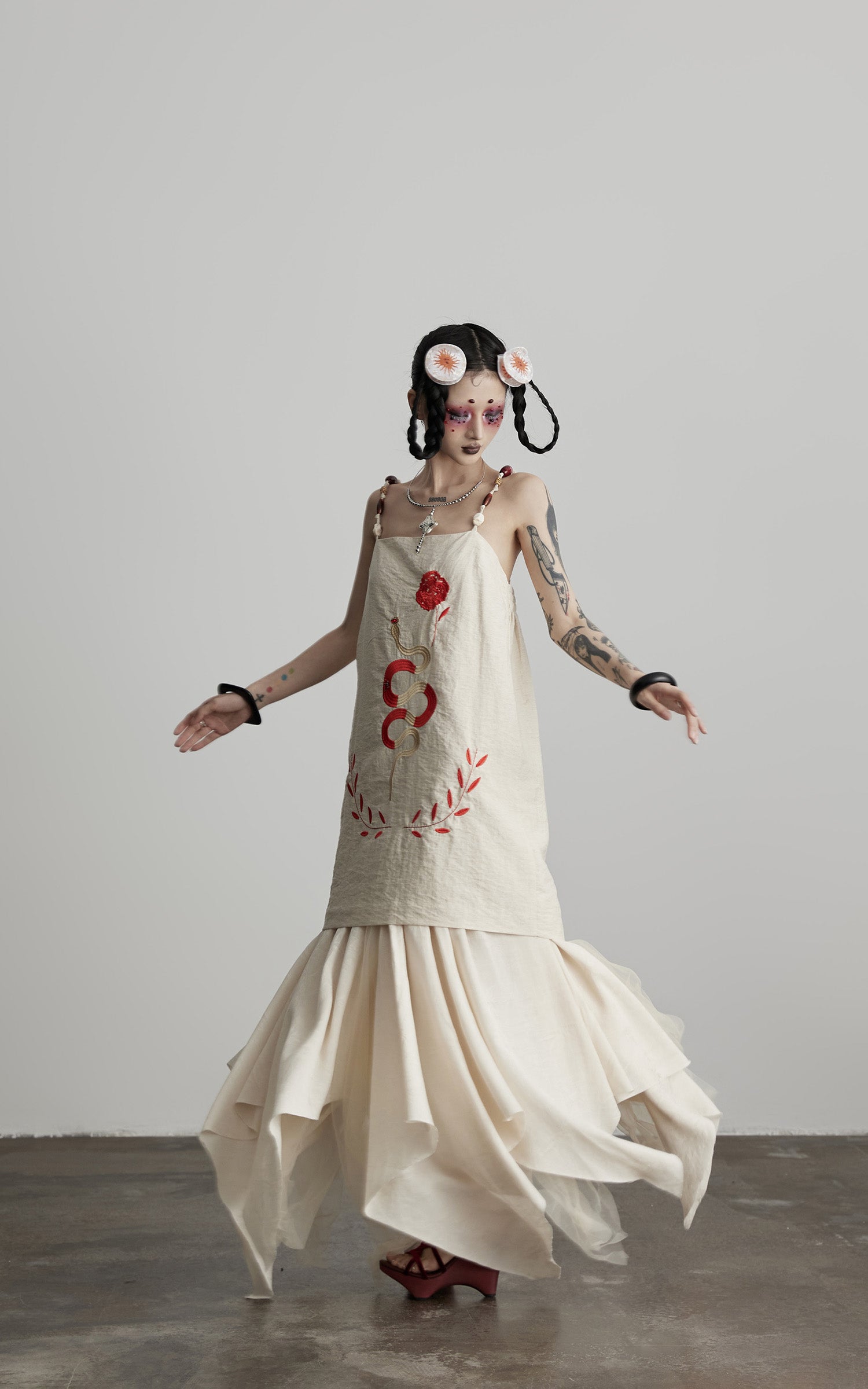 INDULGE Embroidered Snake and Flower Layered Linen Dress
