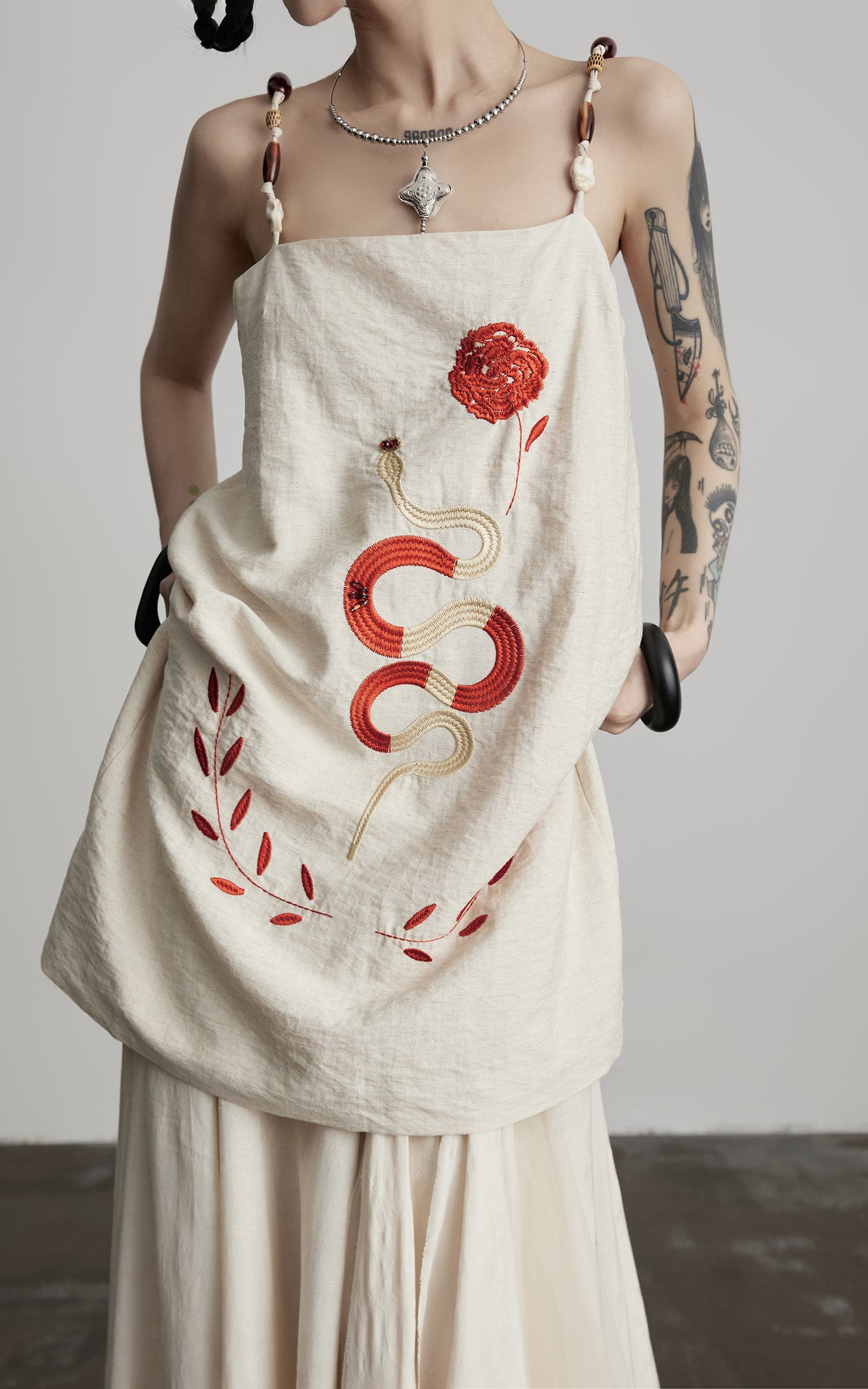 INDULGE Embroidered Snake and Flower Layered Linen Dress
