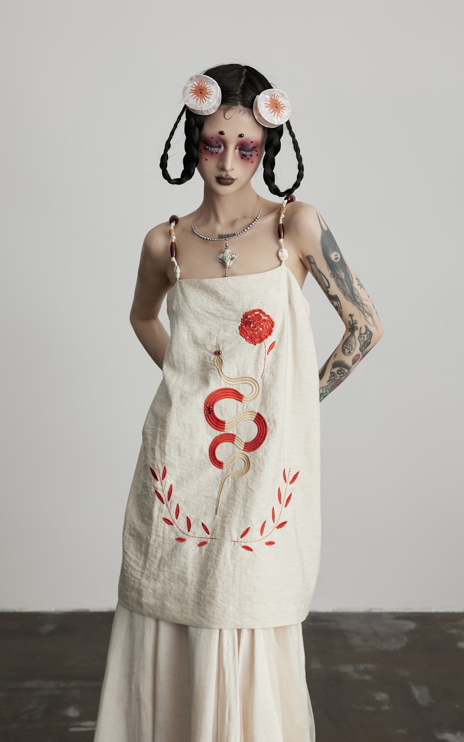 INDULGE Embroidered Snake and Flower Layered Linen Dress