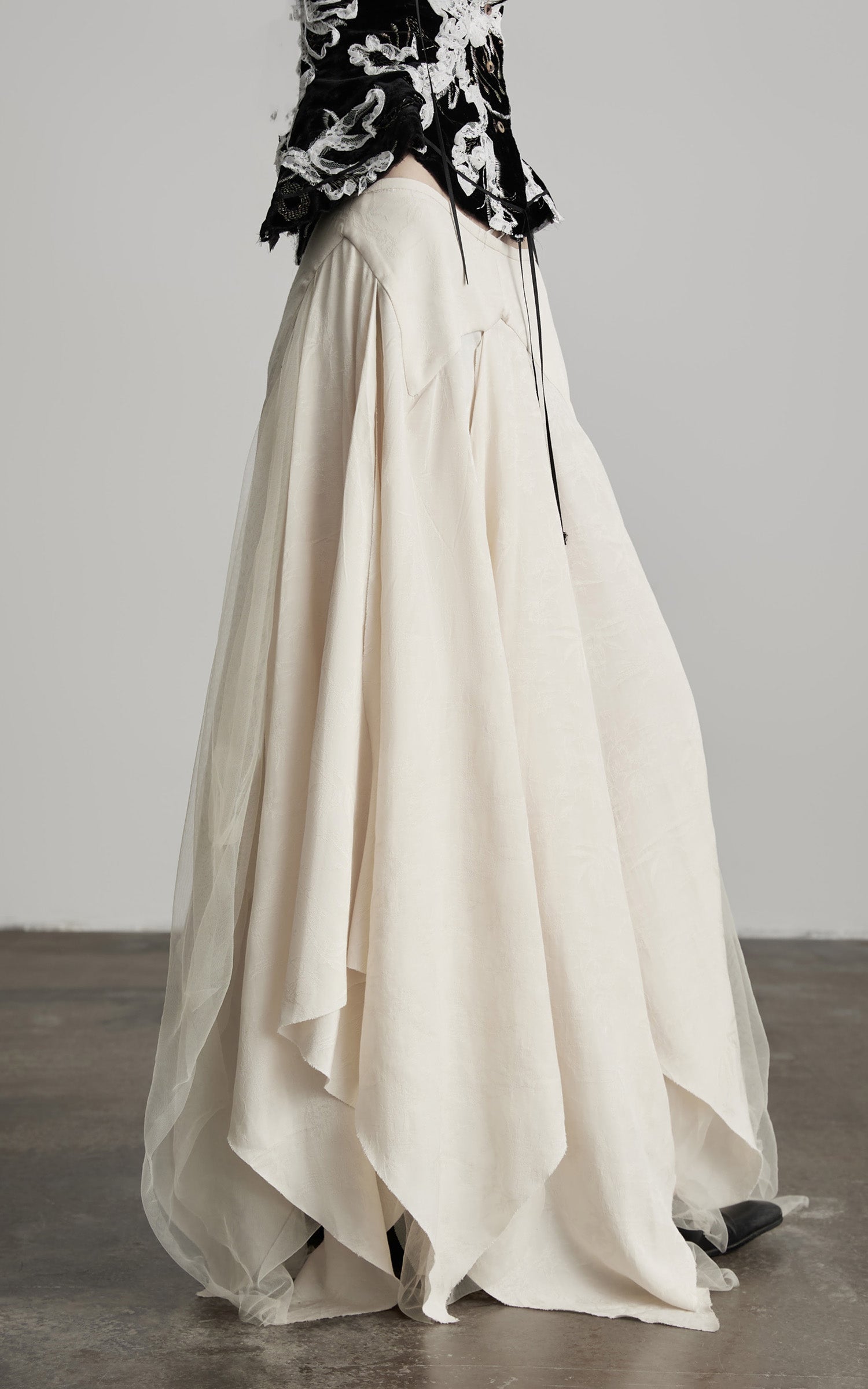 INDULGE Deconstructed Draped Jacquard Midi Skirt with Tulle Layering