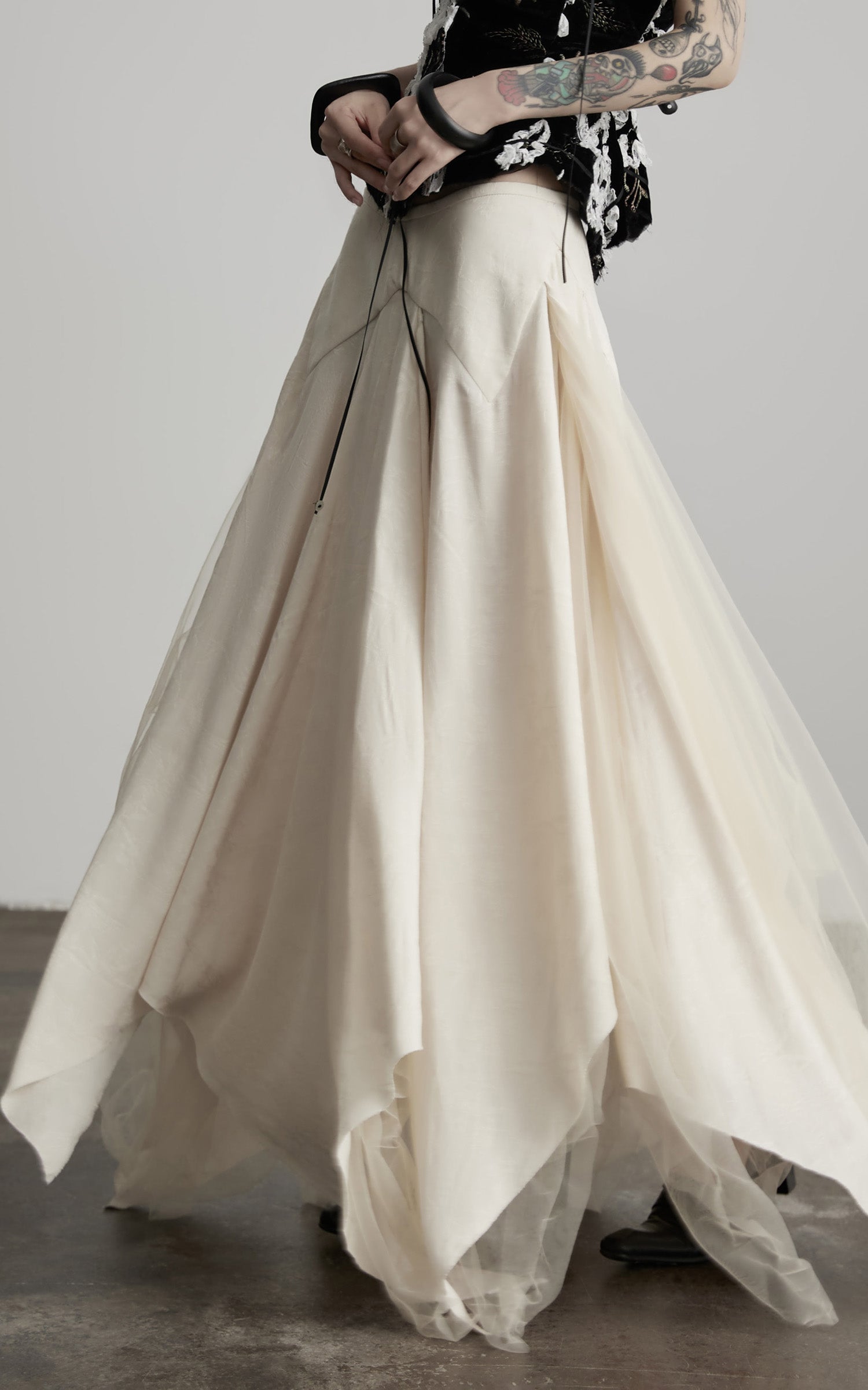 INDULGE Deconstructed Draped Jacquard Midi Skirt with Tulle Layering