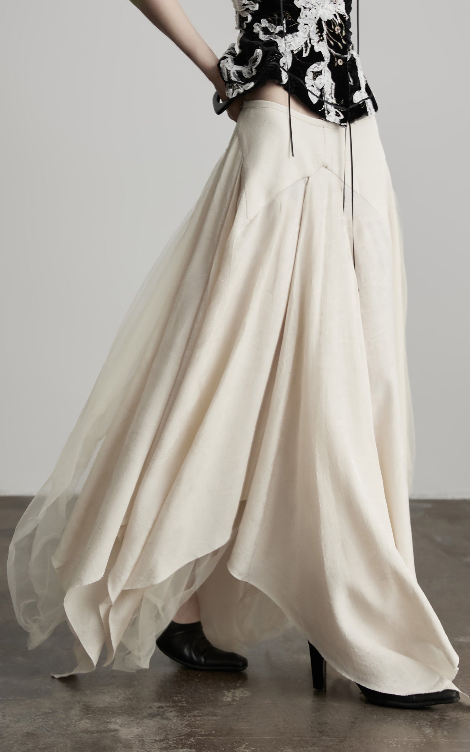 INDULGE Deconstructed Draped Jacquard Midi Skirt with Tulle Layering