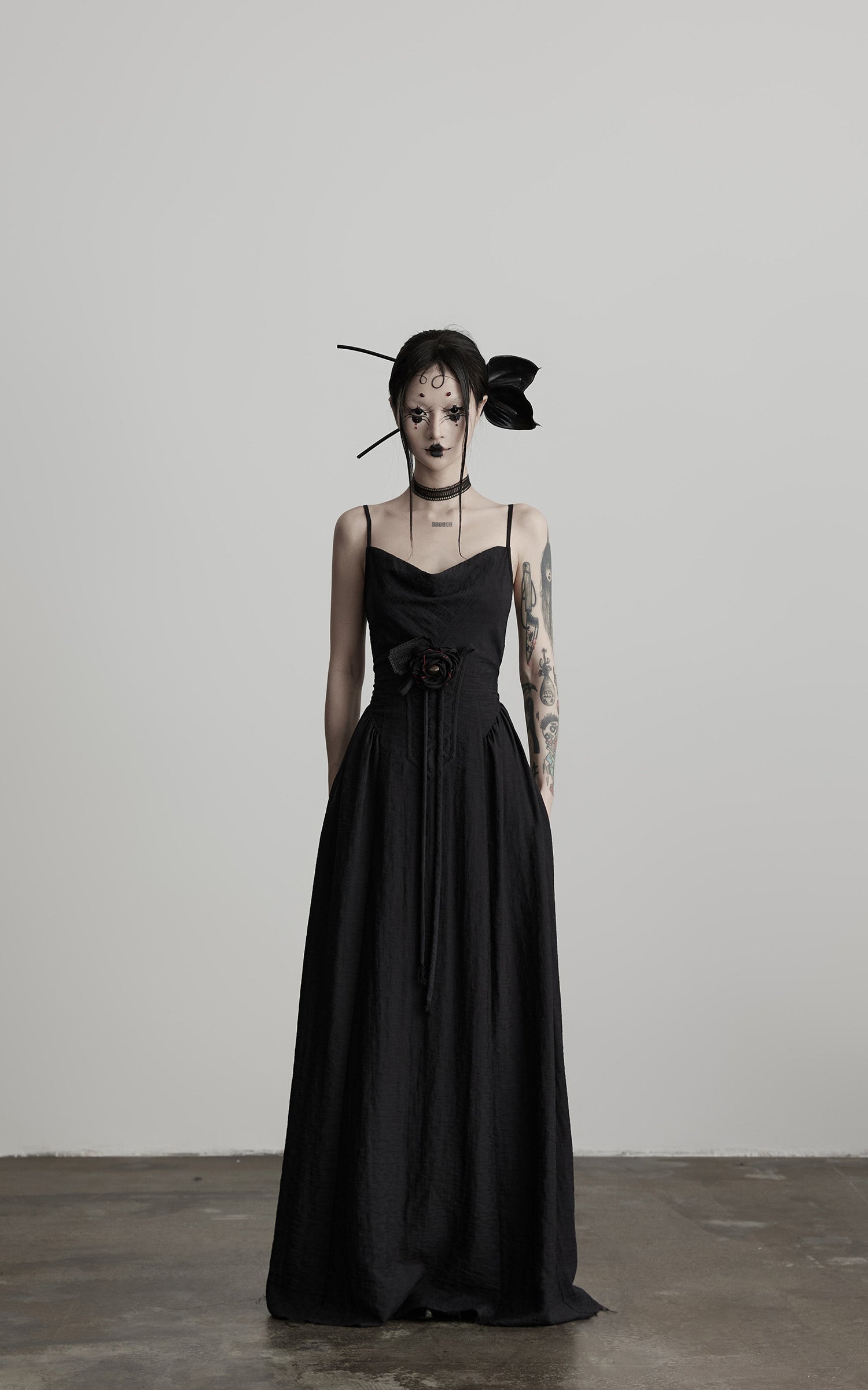 INDULGE Draped Maxi Dress with Corset Waist and Rosette Detail