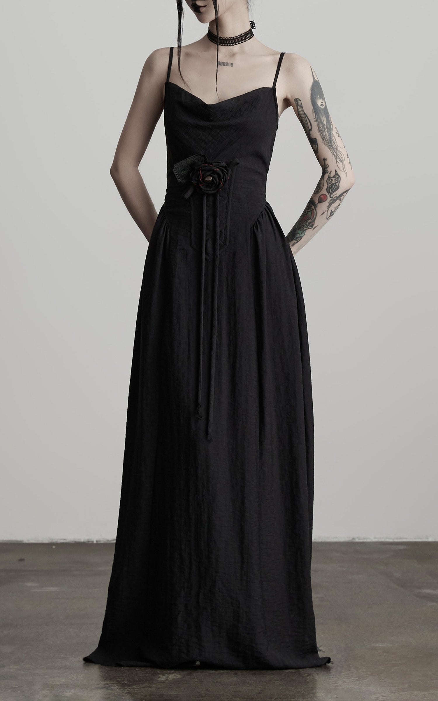 INDULGE Draped Maxi Dress with Corset Waist and Rosette Detail