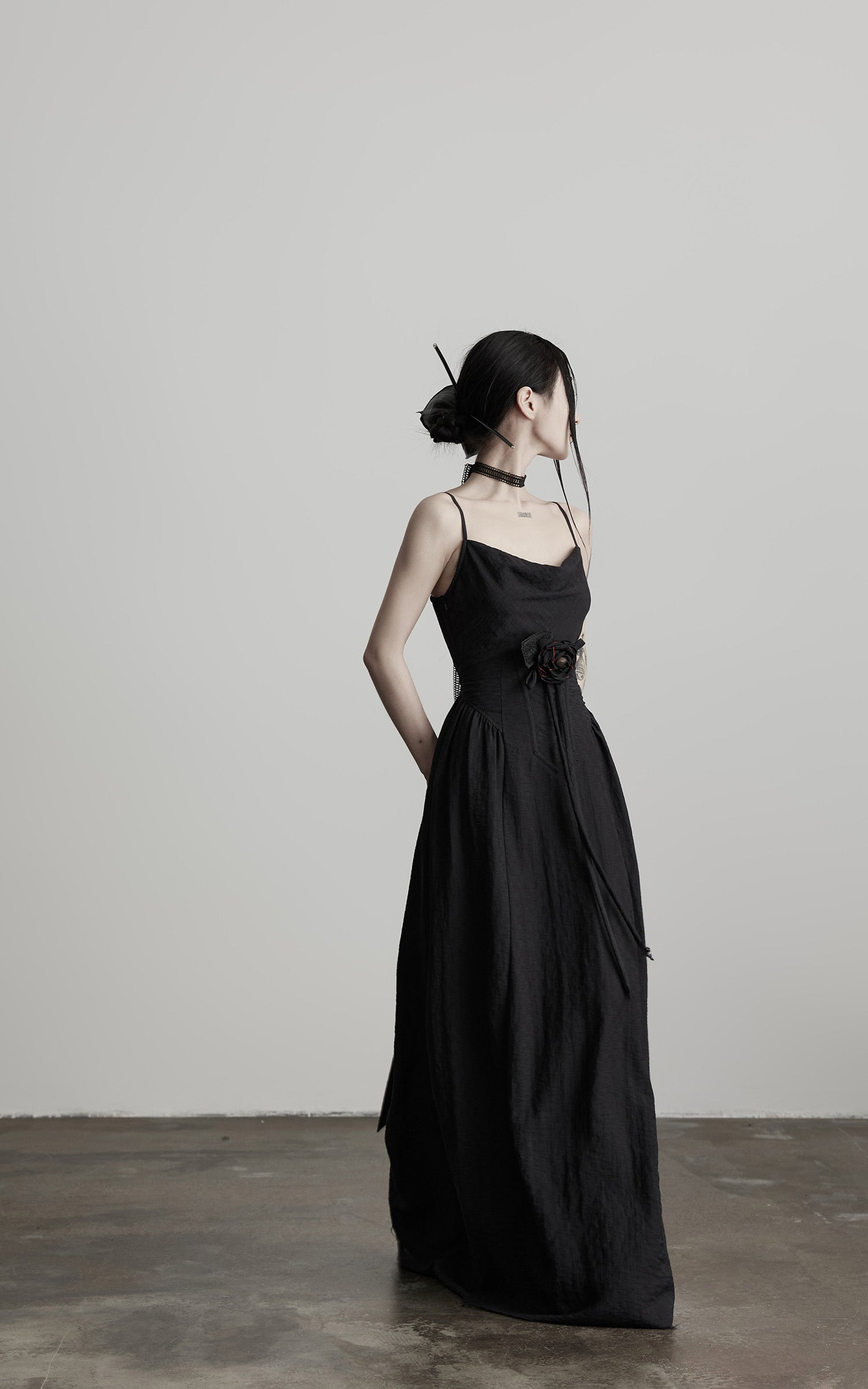 INDULGE Draped Maxi Dress with Corset Waist and Rosette Detail