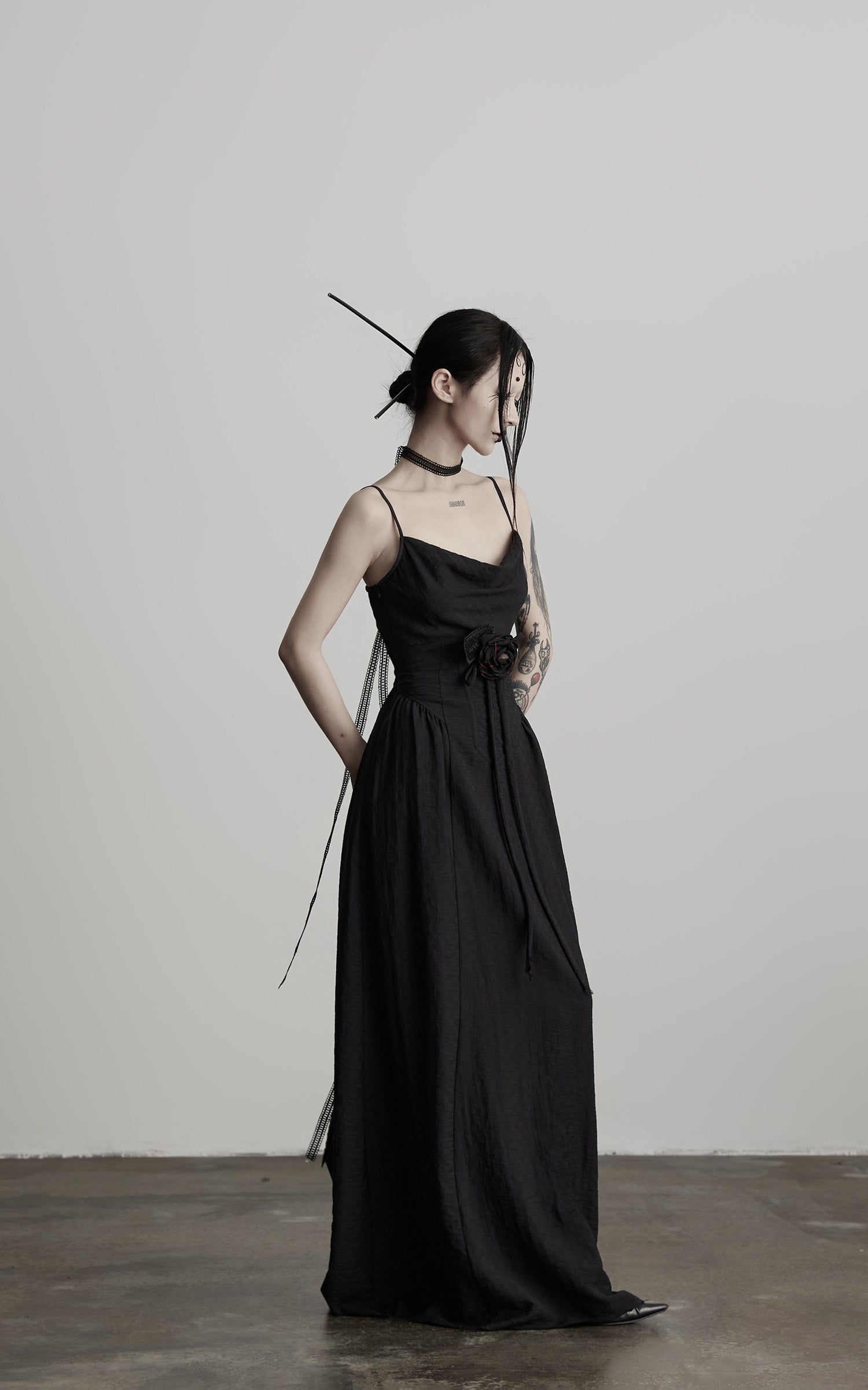 INDULGE Draped Maxi Dress with Corset Waist and Rosette Detail