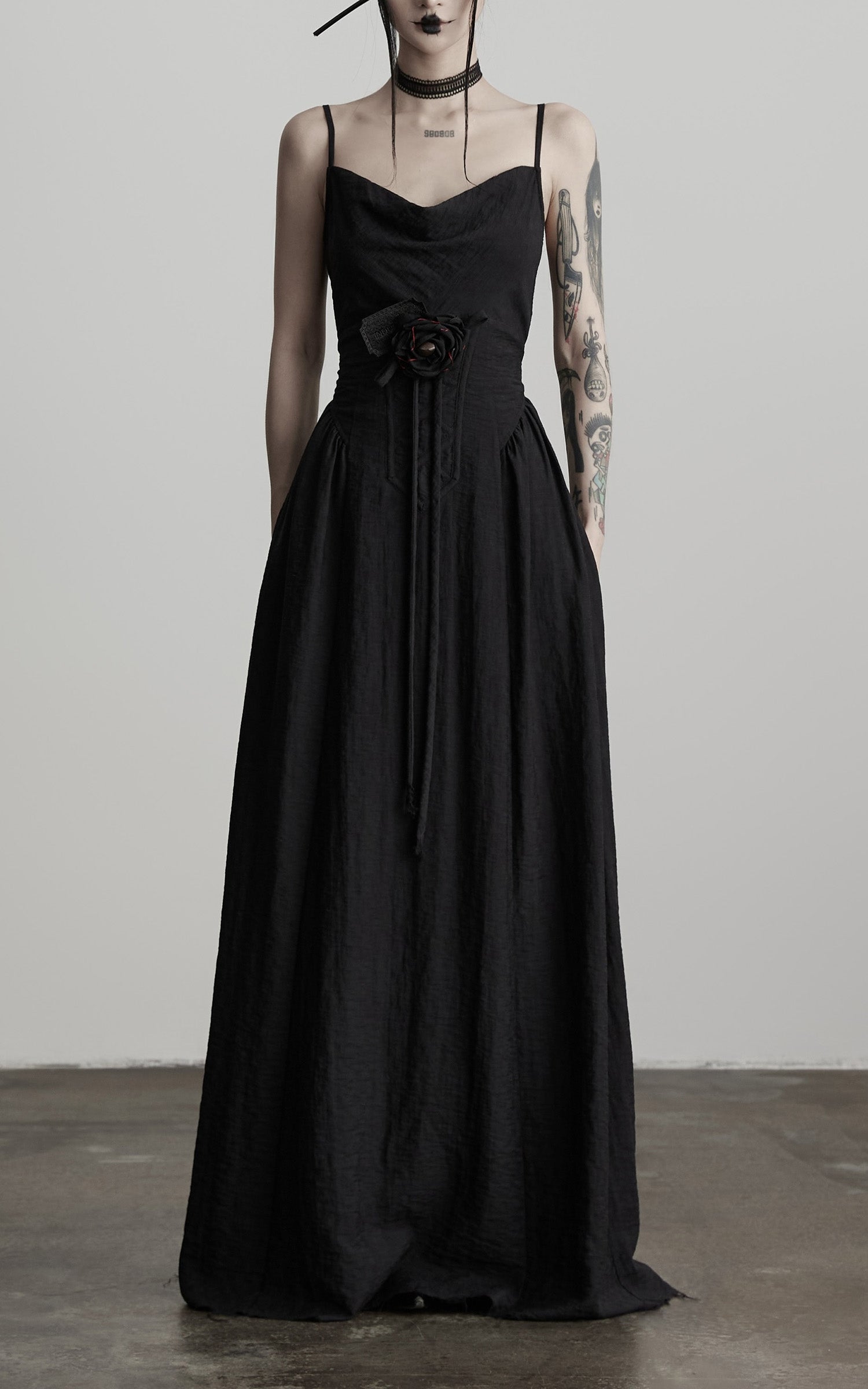 INDULGE Draped Maxi Dress with Corset Waist and Rosette Detail