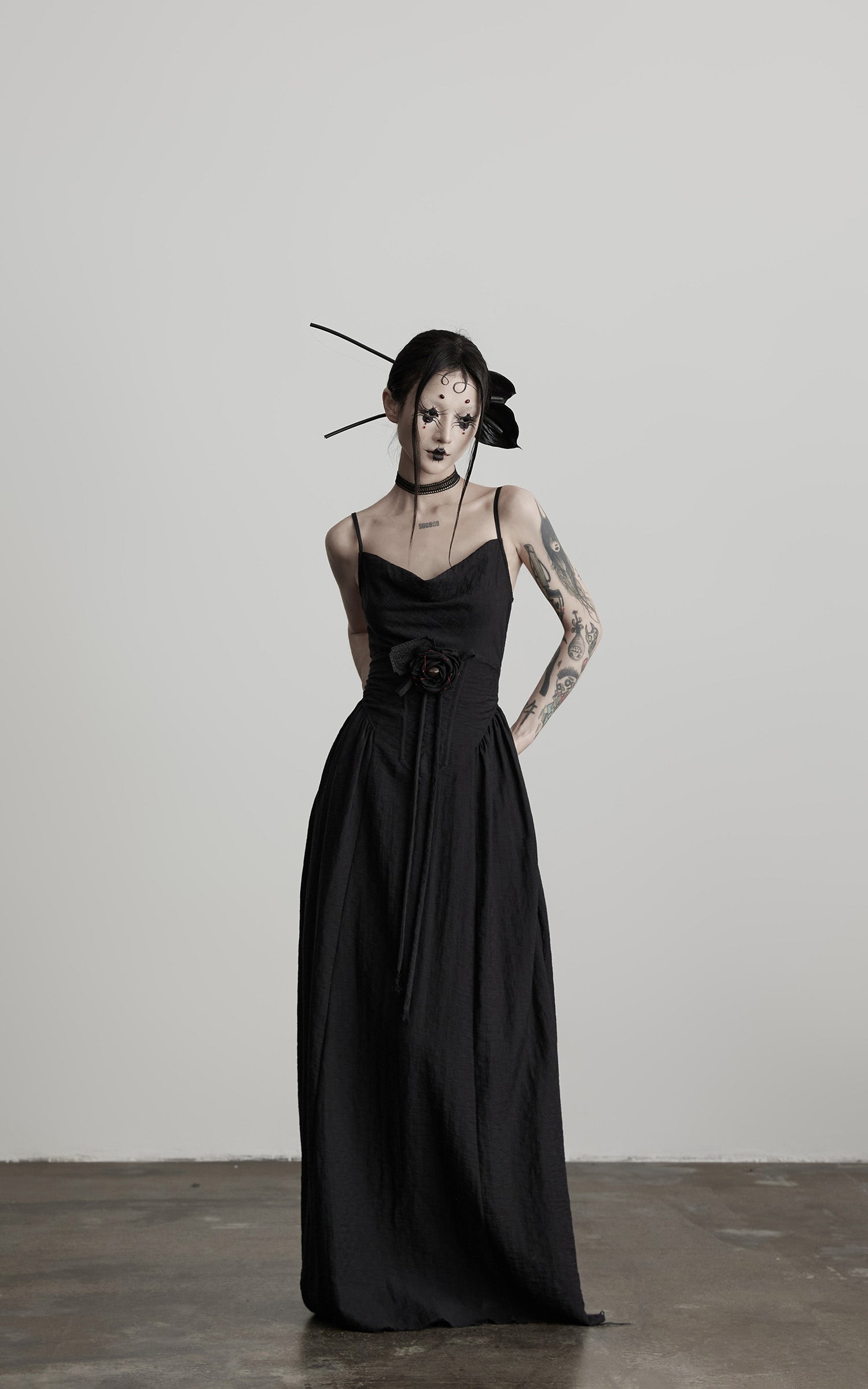 INDULGE Draped Maxi Dress with Corset Waist and Rosette Detail
