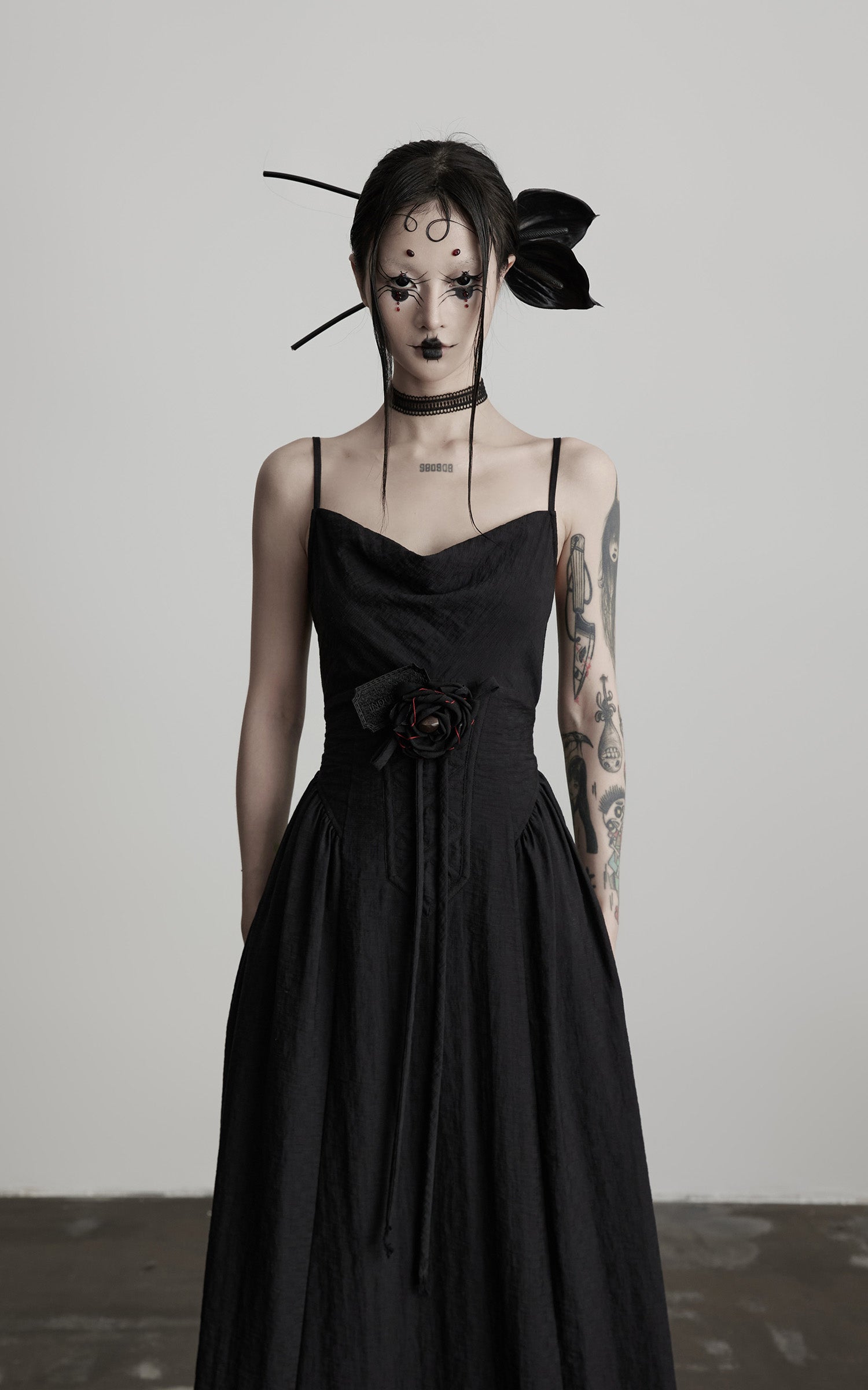 INDULGE Draped Maxi Dress with Corset Waist and Rosette Detail
