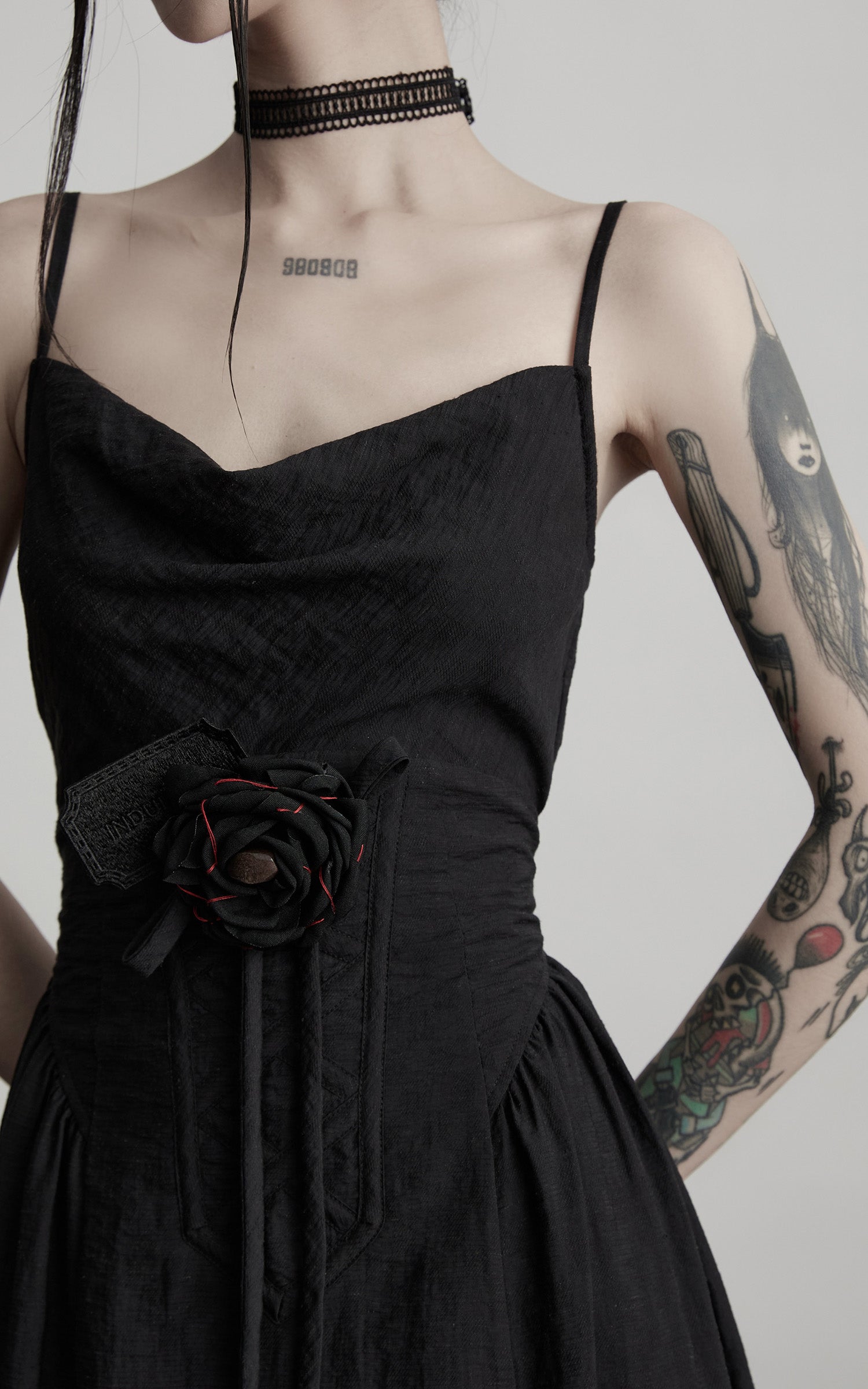 INDULGE Draped Maxi Dress with Corset Waist and Rosette Detail