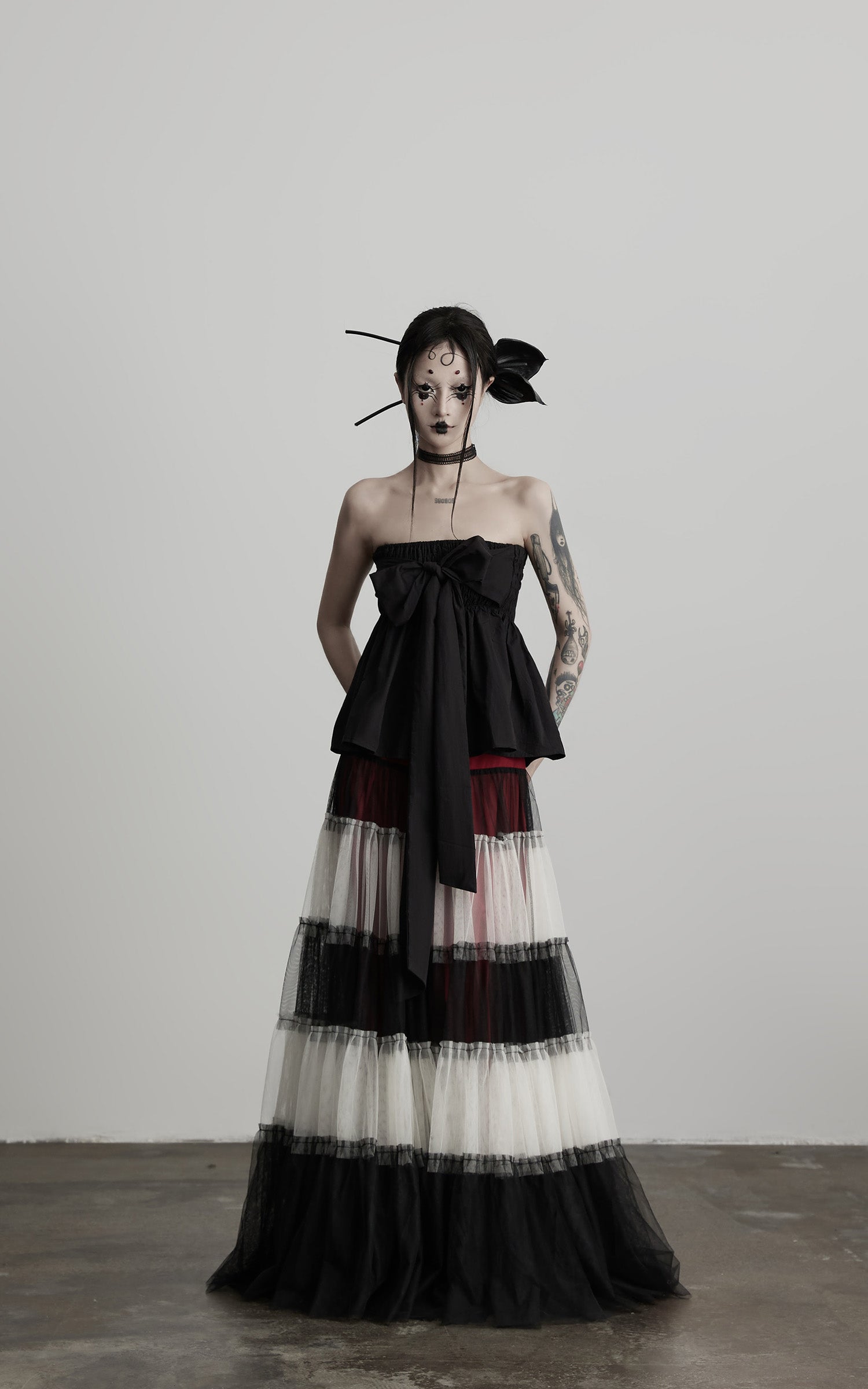 INDULGE Strapless Bow Top with Gathered Bodice and Dramatic Drape