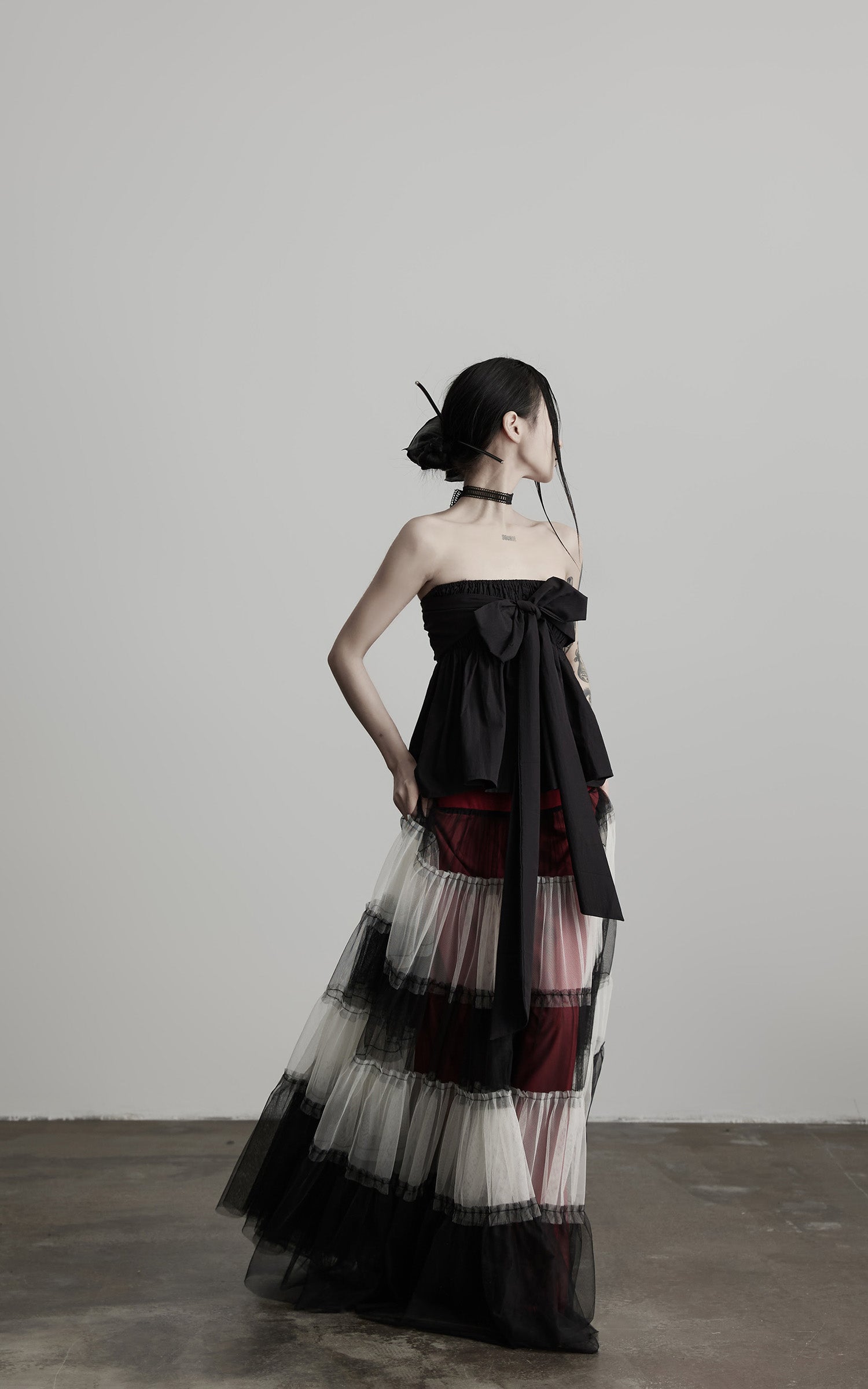 INDULGE Strapless Bow Top with Gathered Bodice and Dramatic Drape