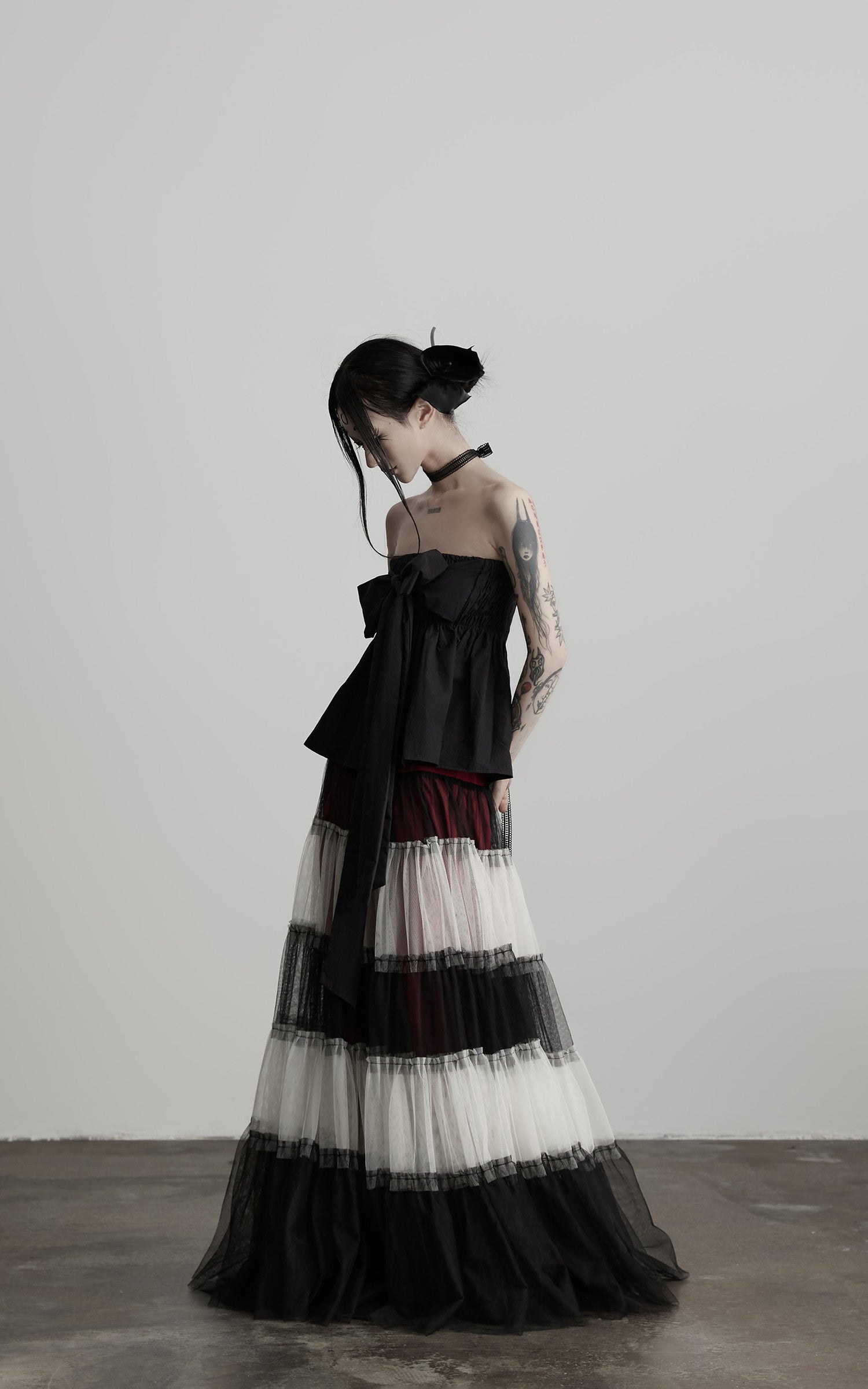 INDULGE Strapless Bow Top with Gathered Bodice and Dramatic Drape