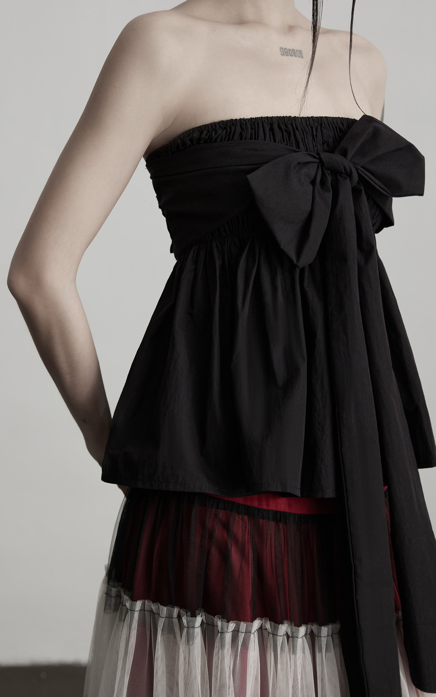 INDULGE Strapless Bow Top with Gathered Bodice and Dramatic Drape