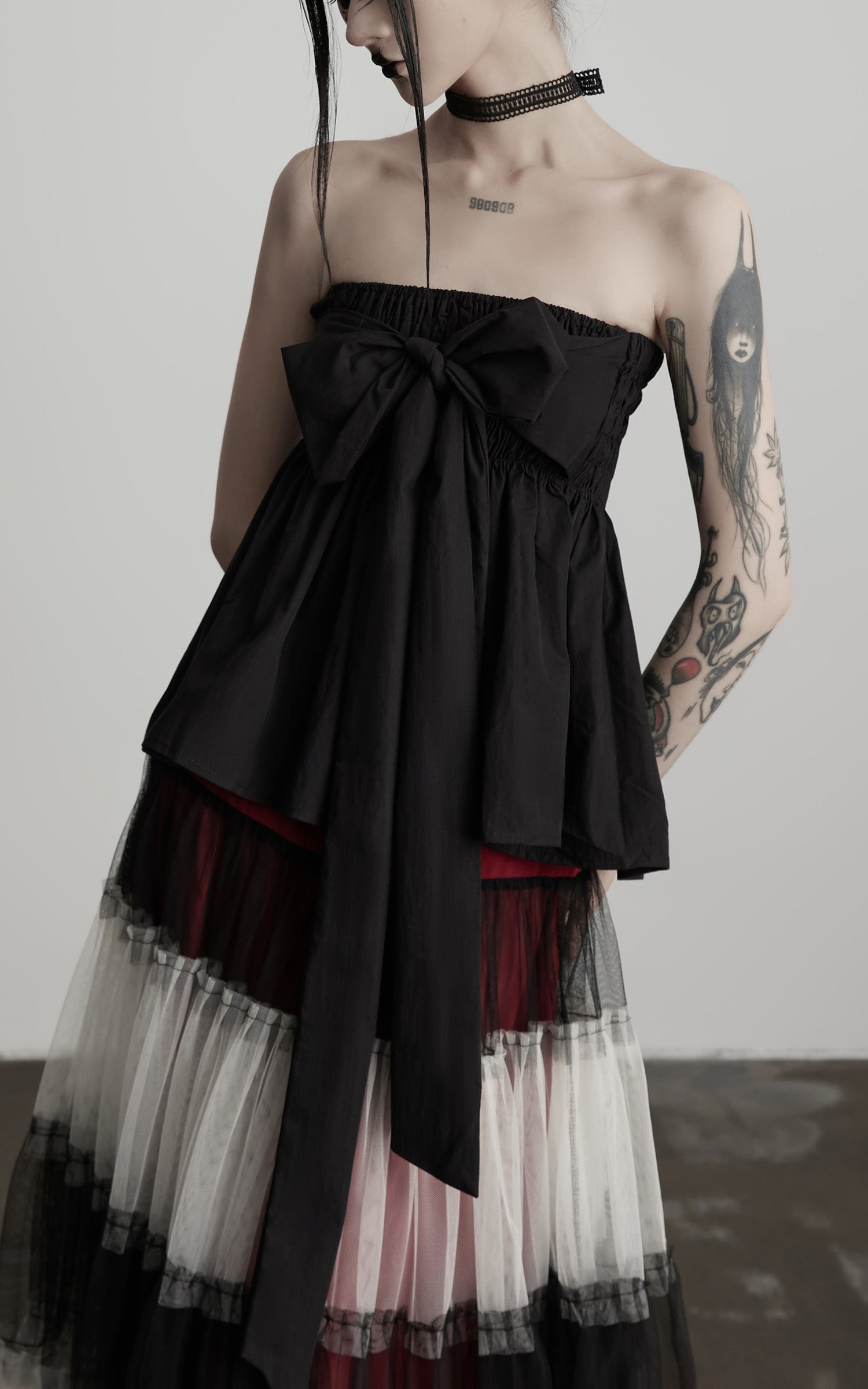 INDULGE Strapless Bow Top with Gathered Bodice and Dramatic Drape