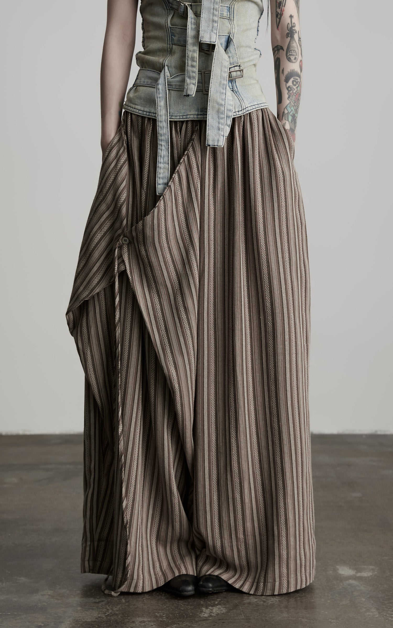 INDULGE Draped Asymmetric Wide-Leg Trousers in Textured Stripe