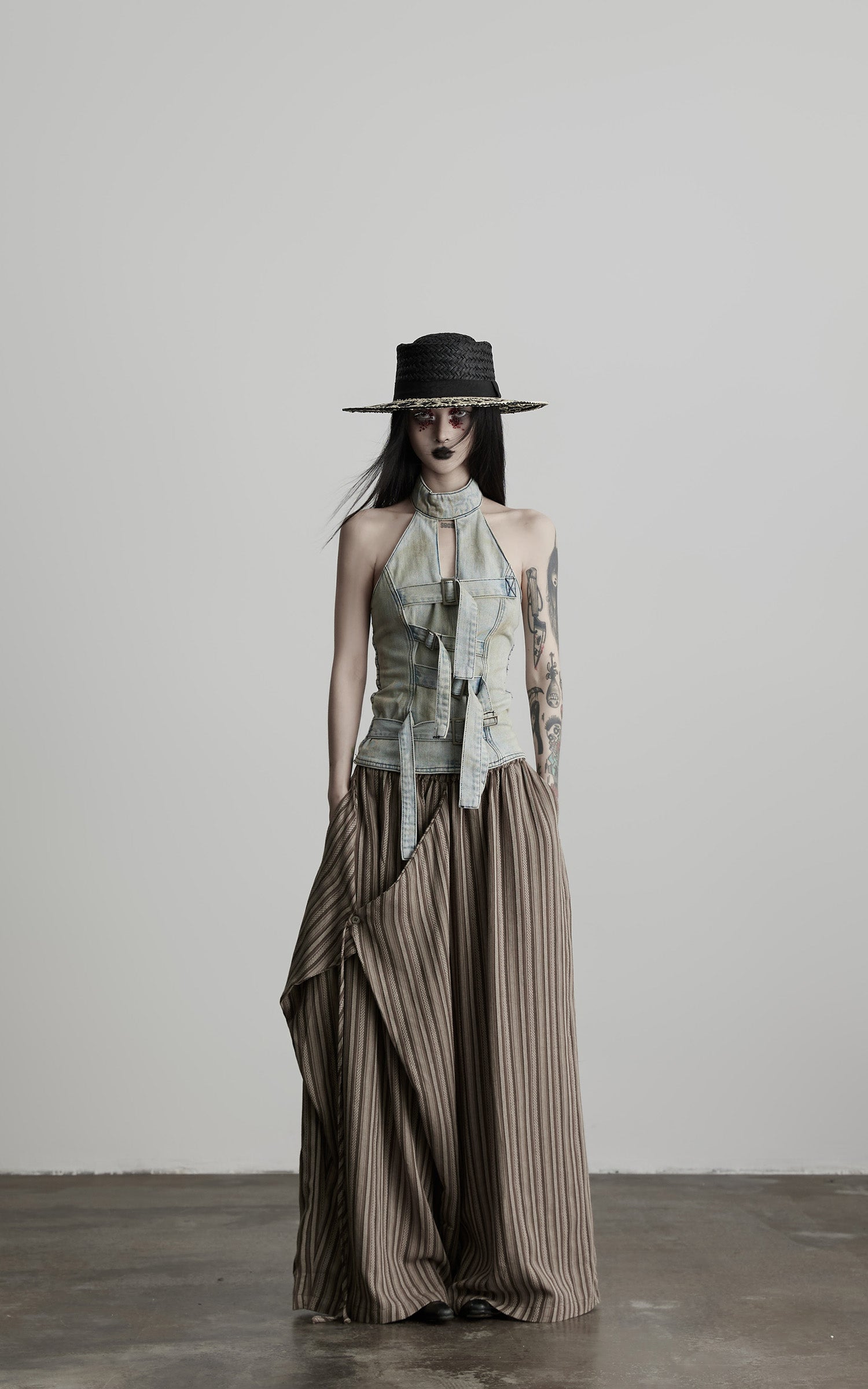 INDULGE Draped Asymmetric Wide-Leg Trousers in Textured Stripe