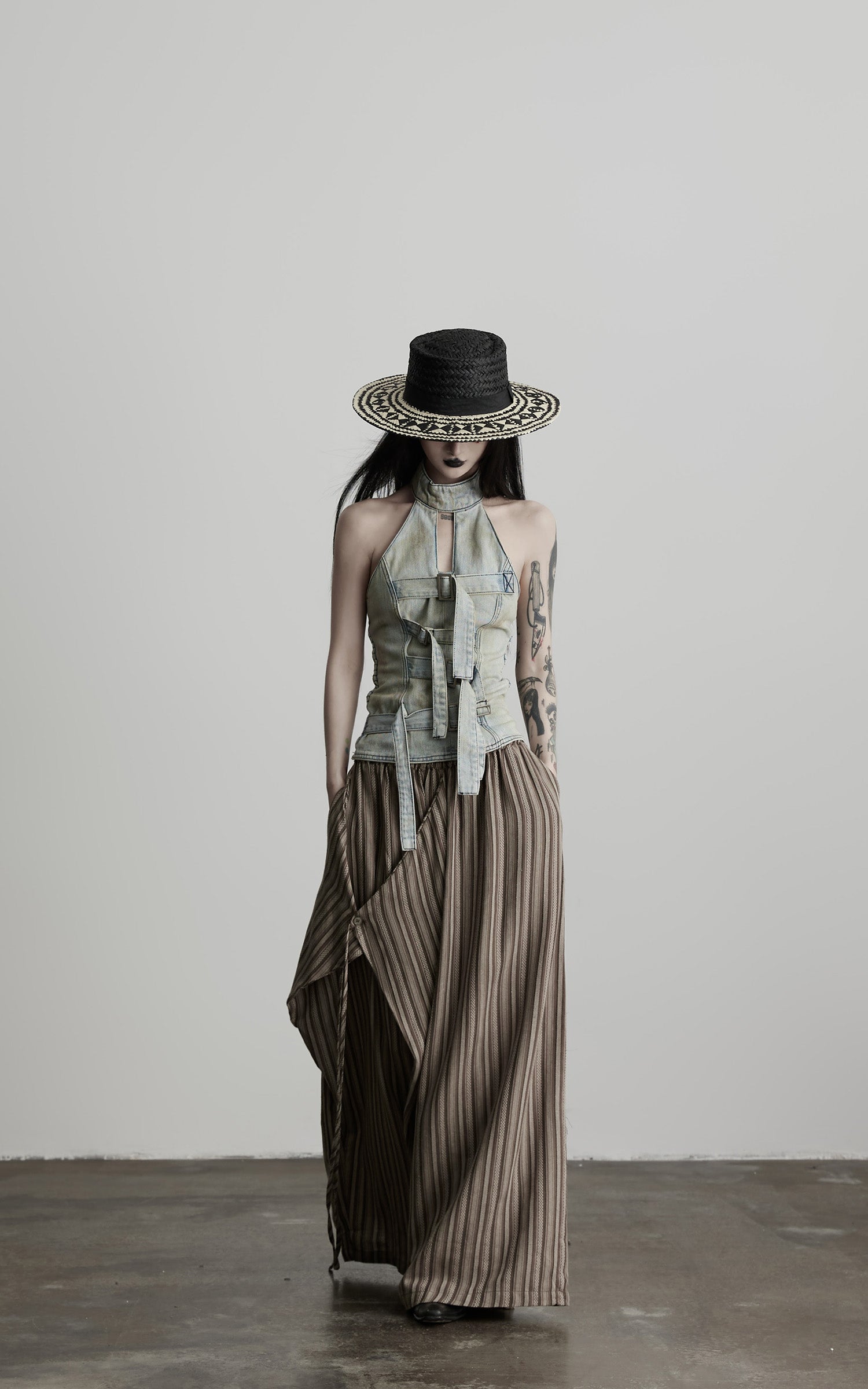 INDULGE Draped Asymmetric Wide-Leg Trousers in Textured Stripe