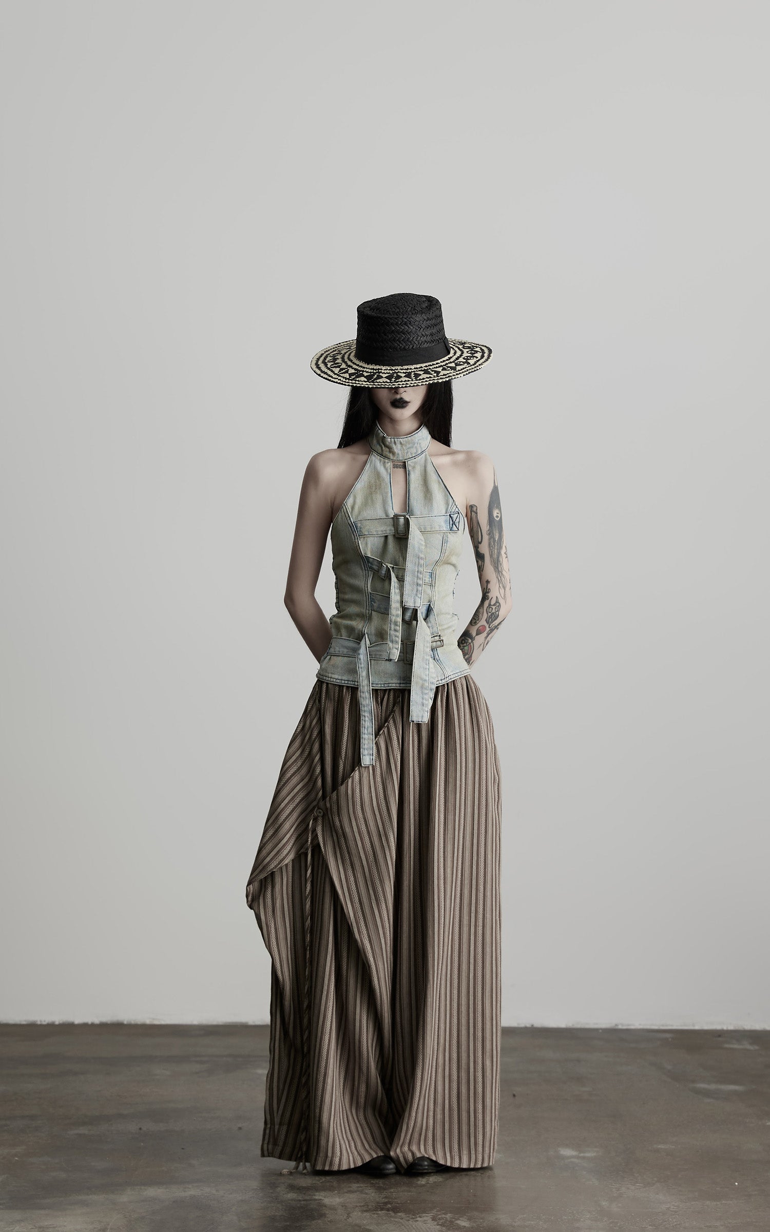 INDULGE Draped Asymmetric Wide-Leg Trousers in Textured Stripe