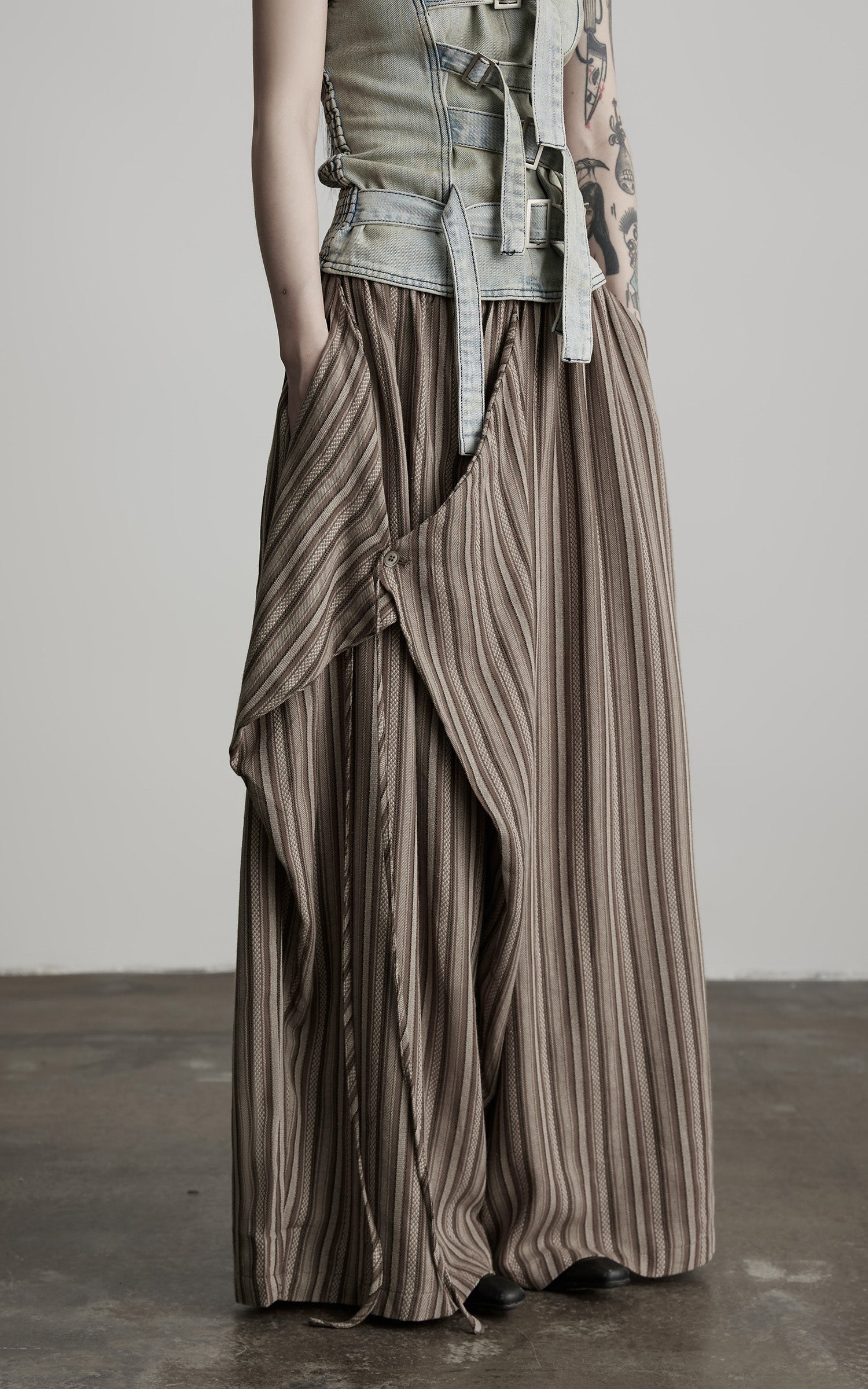INDULGE Draped Asymmetric Wide-Leg Trousers in Textured Stripe