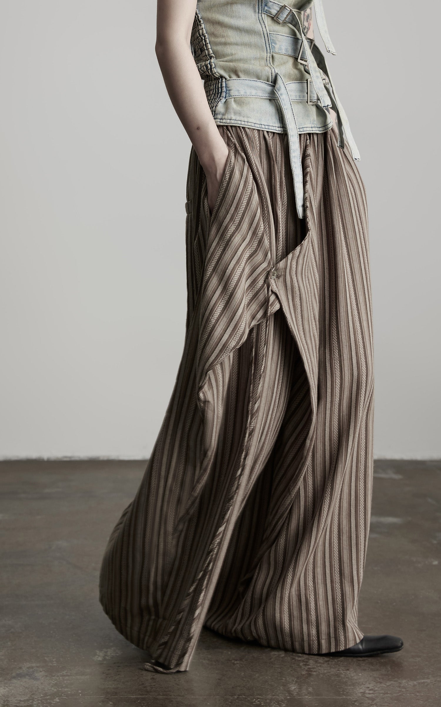 INDULGE Draped Asymmetric Wide-Leg Trousers in Textured Stripe