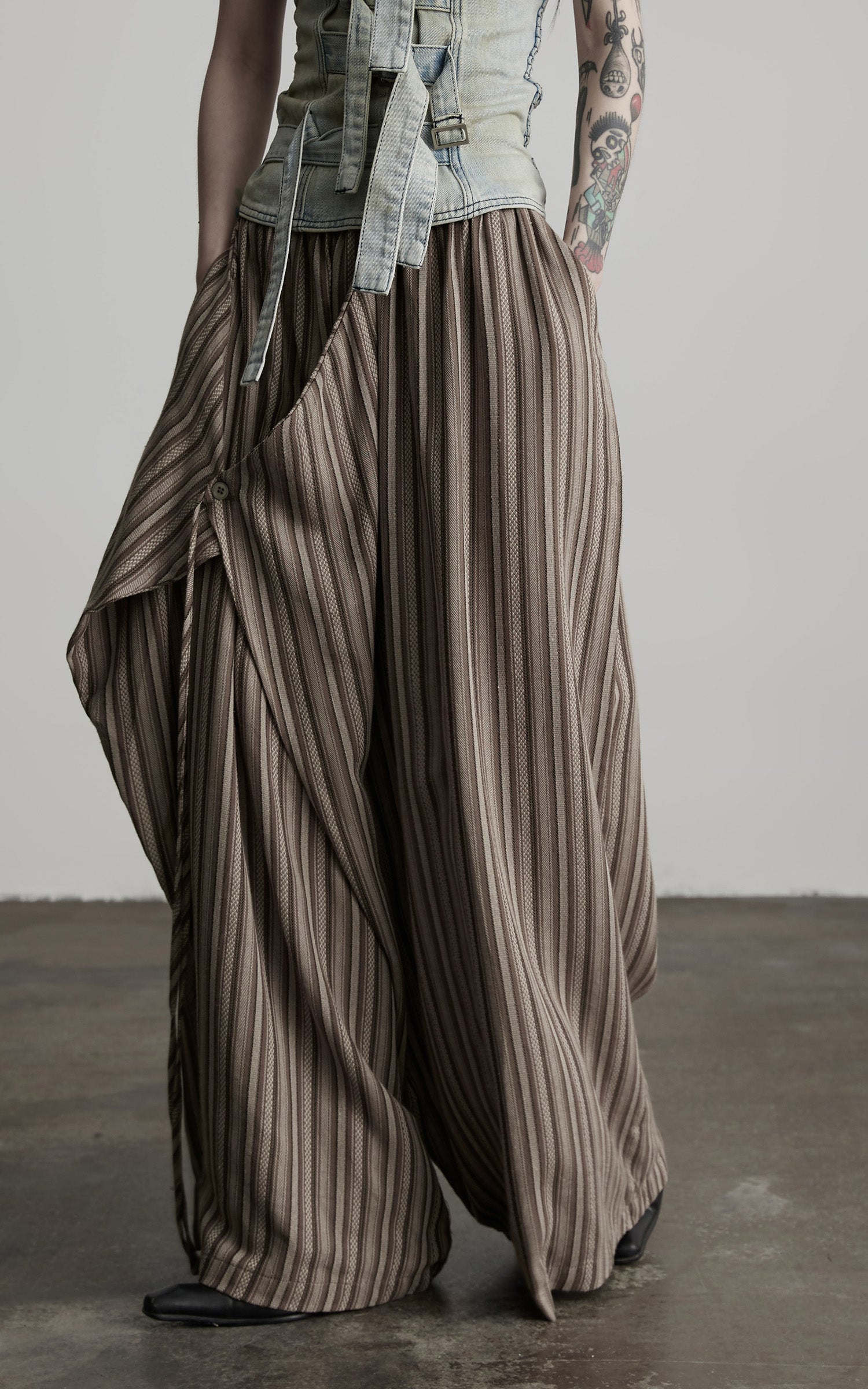 INDULGE Draped Asymmetric Wide-Leg Trousers in Textured Stripe