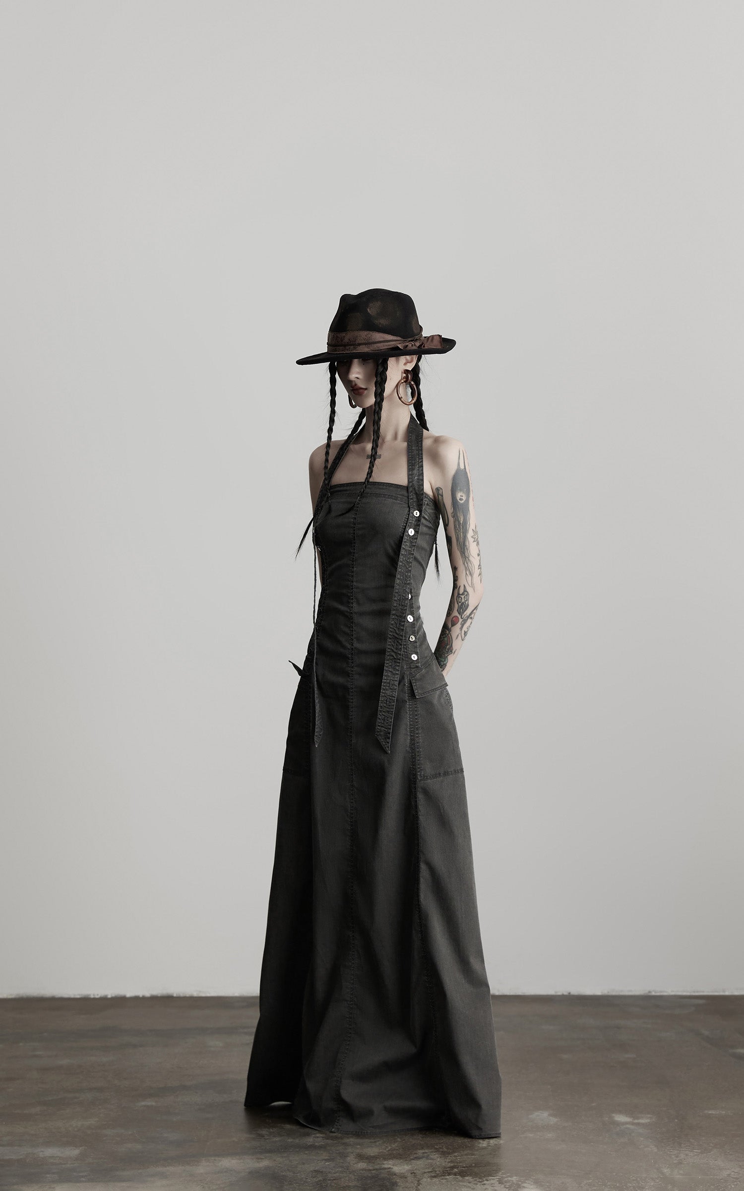 INDULGE Washed Denim Halter Maxi Dress with Button Trim