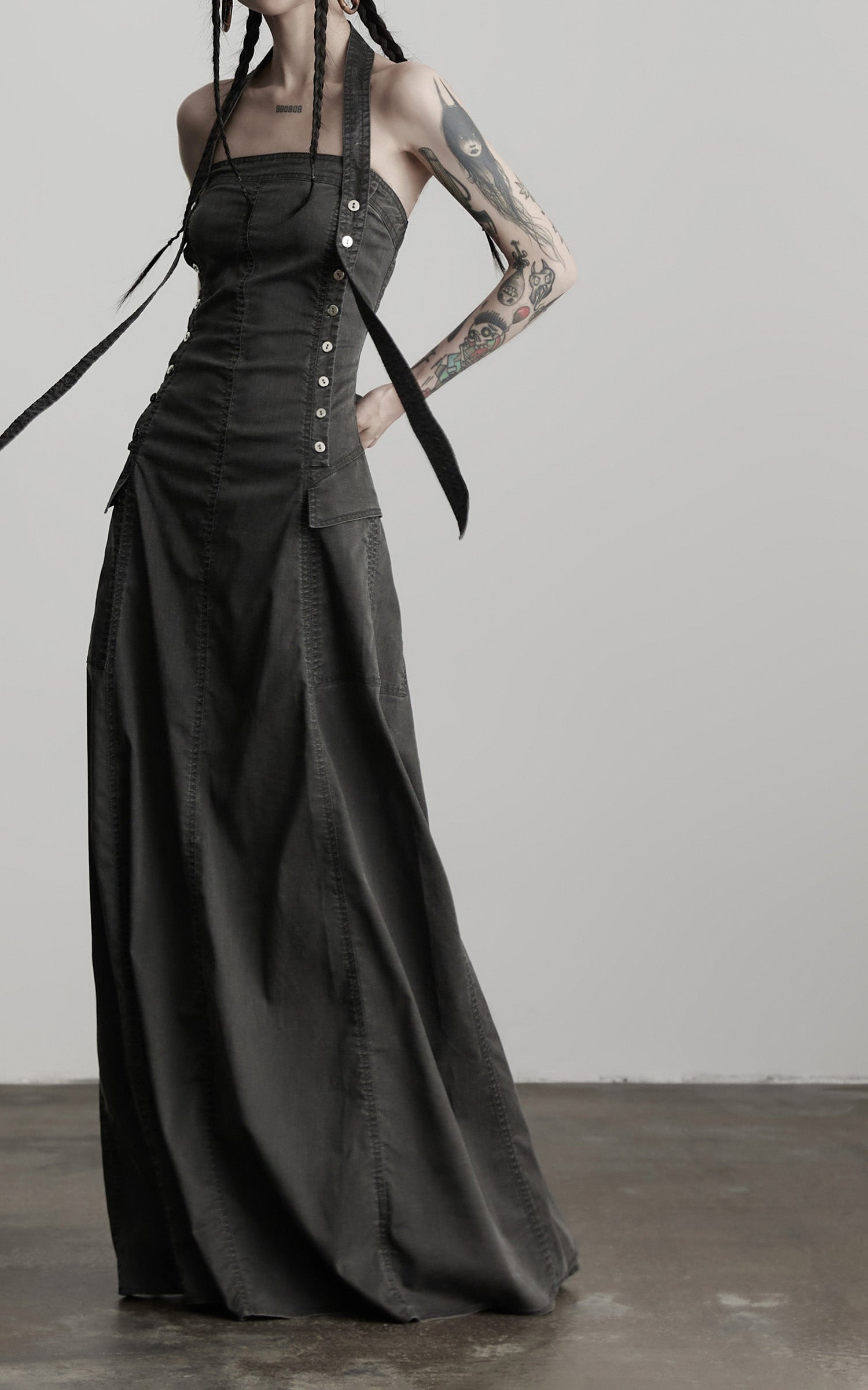 INDULGE Washed Denim Halter Maxi Dress with Button Trim