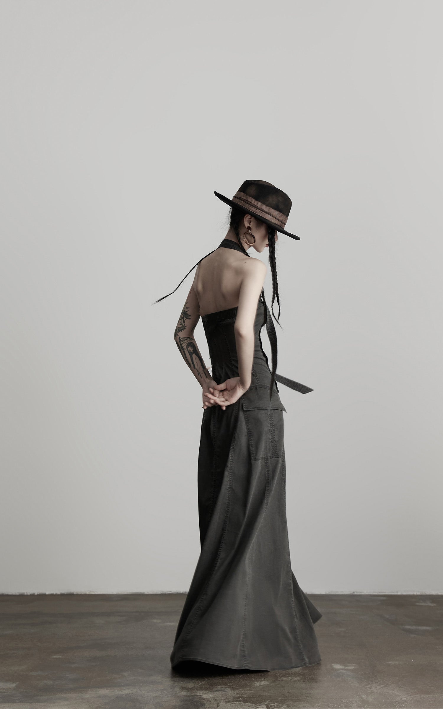 INDULGE Washed Denim Halter Maxi Dress with Button Trim