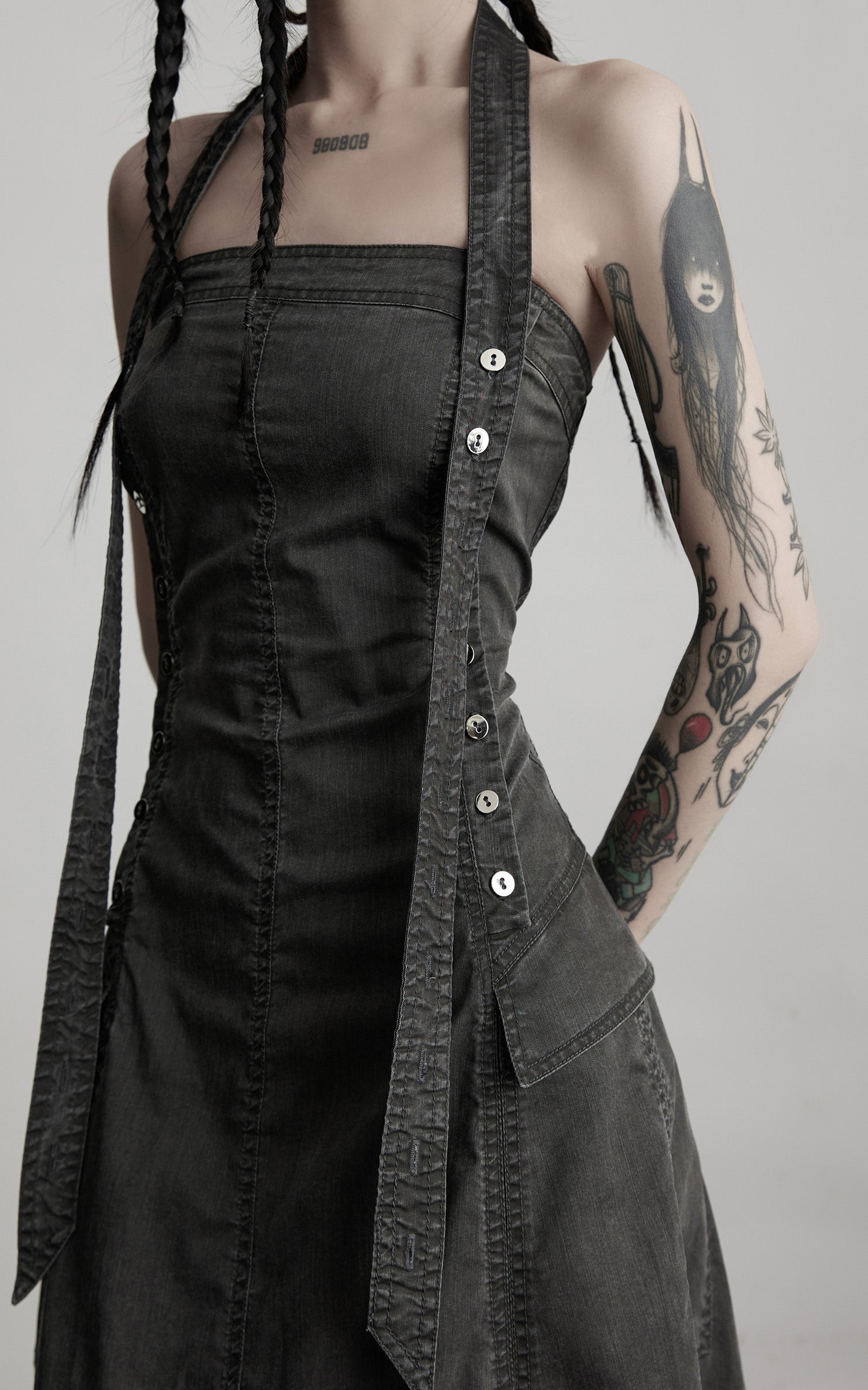 INDULGE Washed Denim Halter Maxi Dress with Button Trim