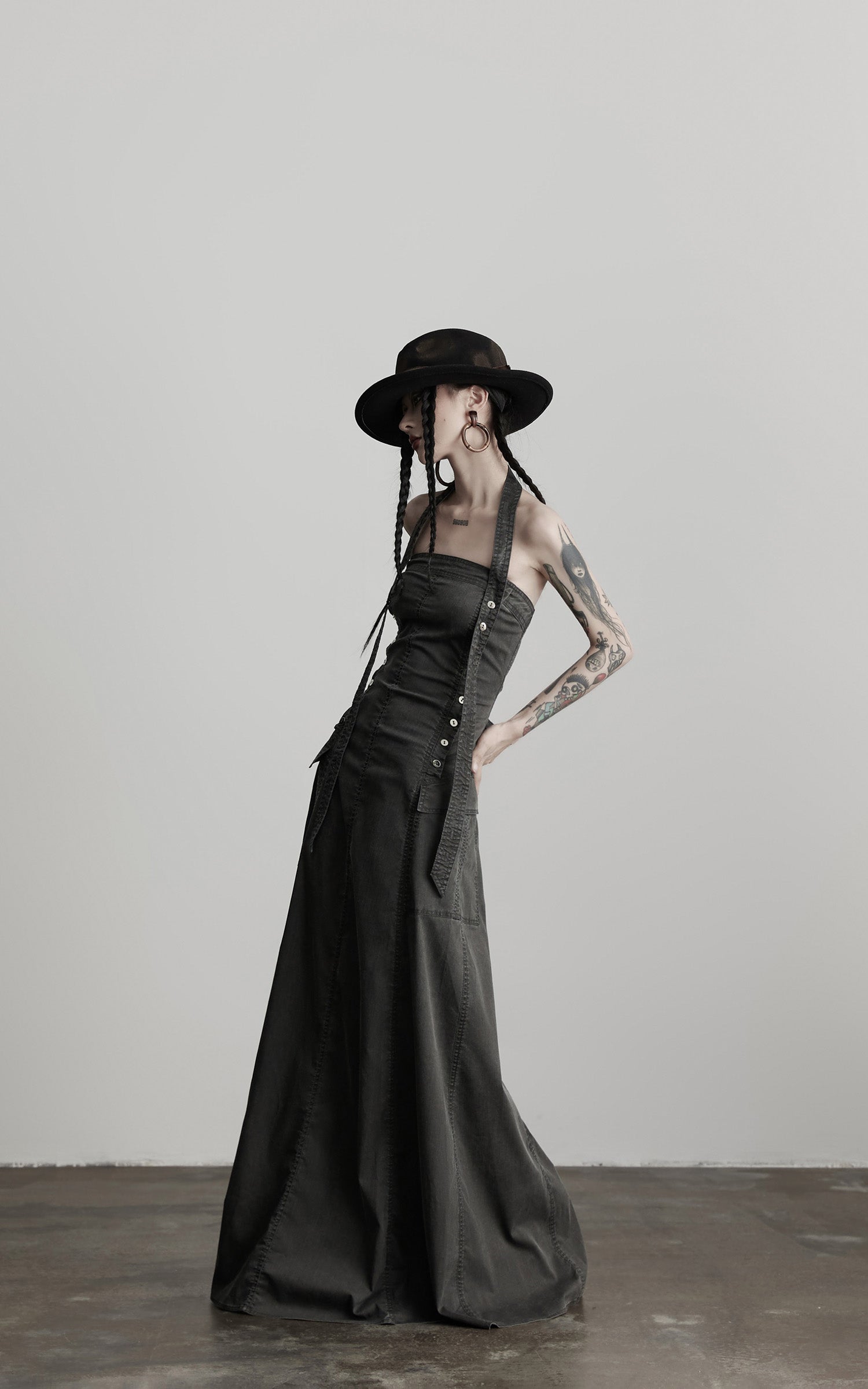 INDULGE Washed Denim Halter Maxi Dress with Button Trim