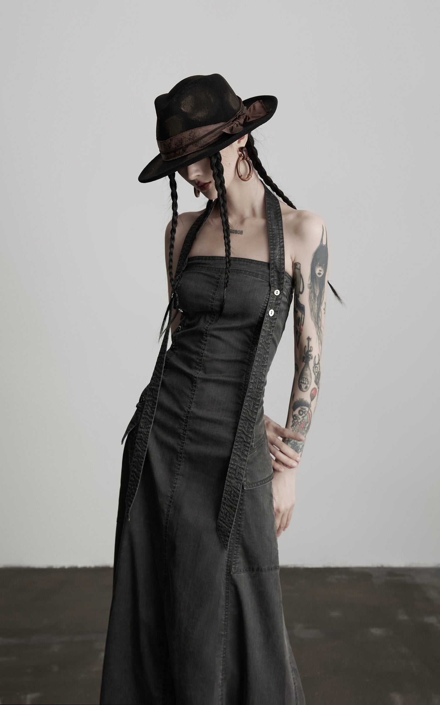 INDULGE Washed Denim Halter Maxi Dress with Button Trim